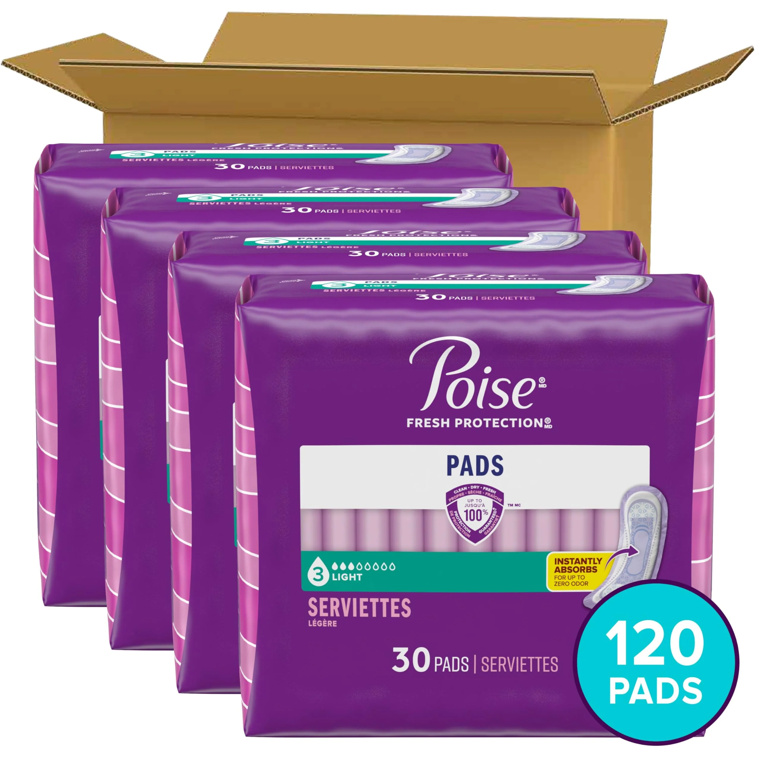 Poise Incontinence Pads & Postpartum Incontinence Pads, 3 Drop Light Absorbency, Regular Length, 120 Count (4 Packs of 30), Packaging May Vary - Image 2