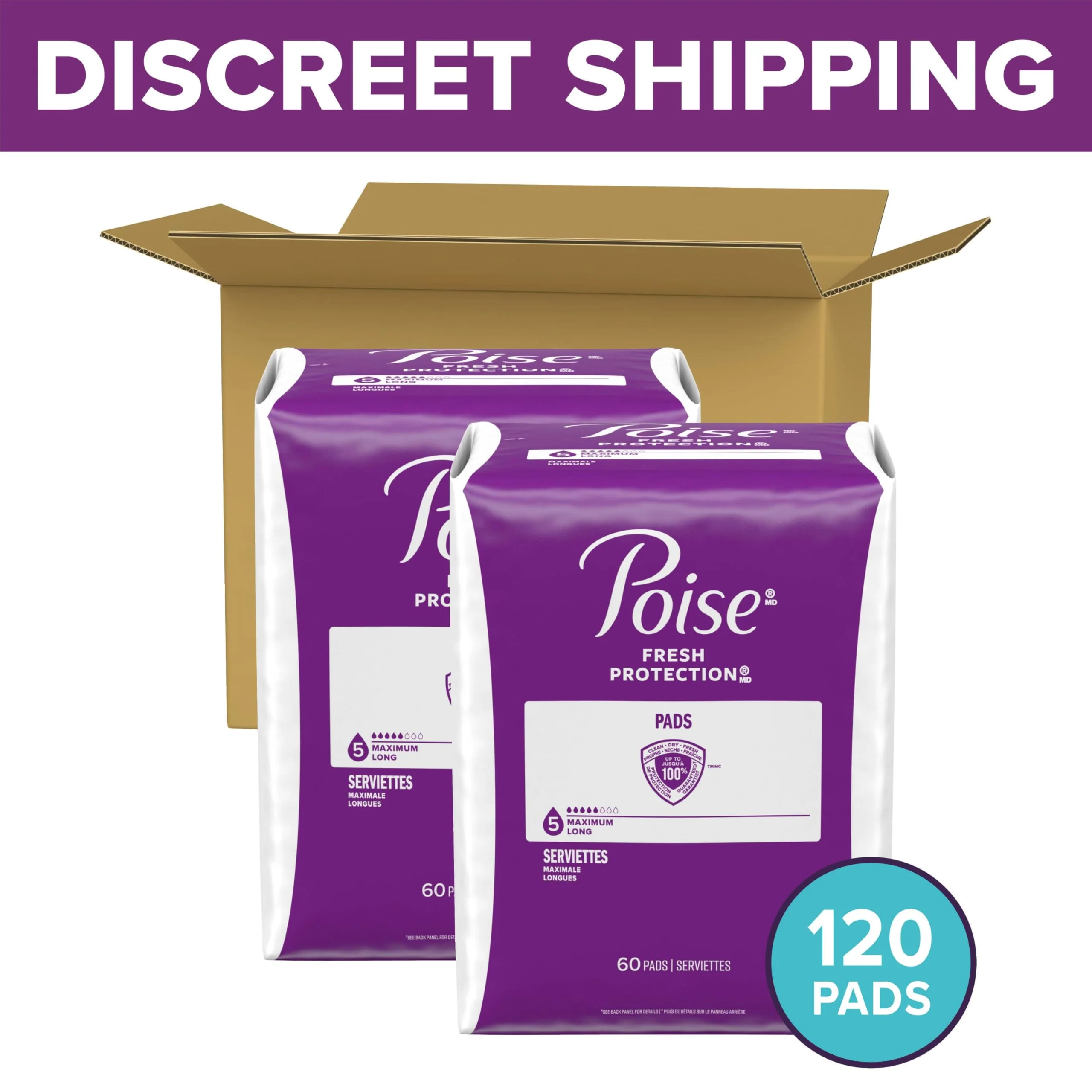 Poise Incontinence Pads & Postpartum Incontinence Pads, 5 Drop Maximum Absorbency, Long Length, 120 Count (2 Packs of 60), Packaging May Vary - Image 2