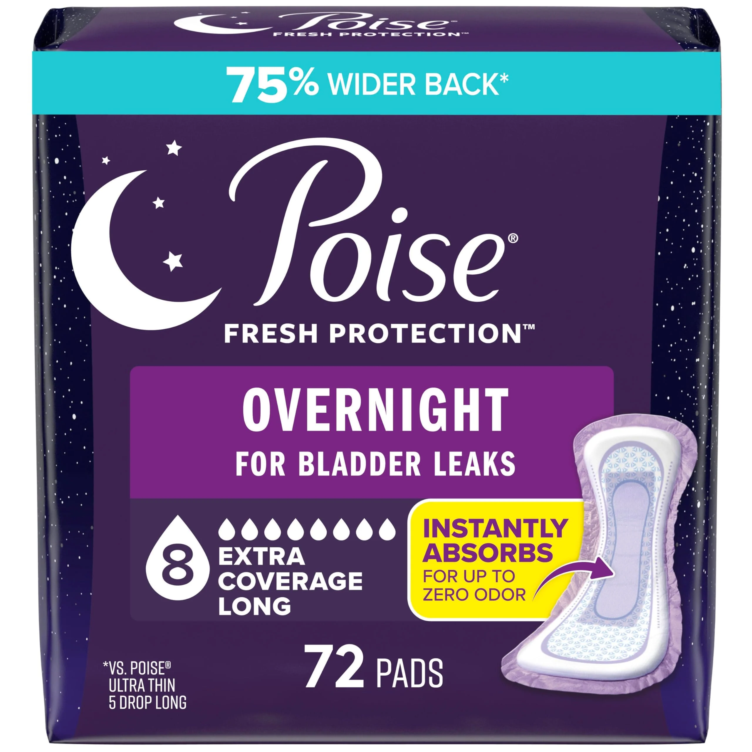 Poise Incontinence Pads & Postpartum Incontinence Pads, 8 Drop Overnight Absorbency, Extra-Coverage Length, 72 Pads (2 Packs of 36), Packaging May Vary