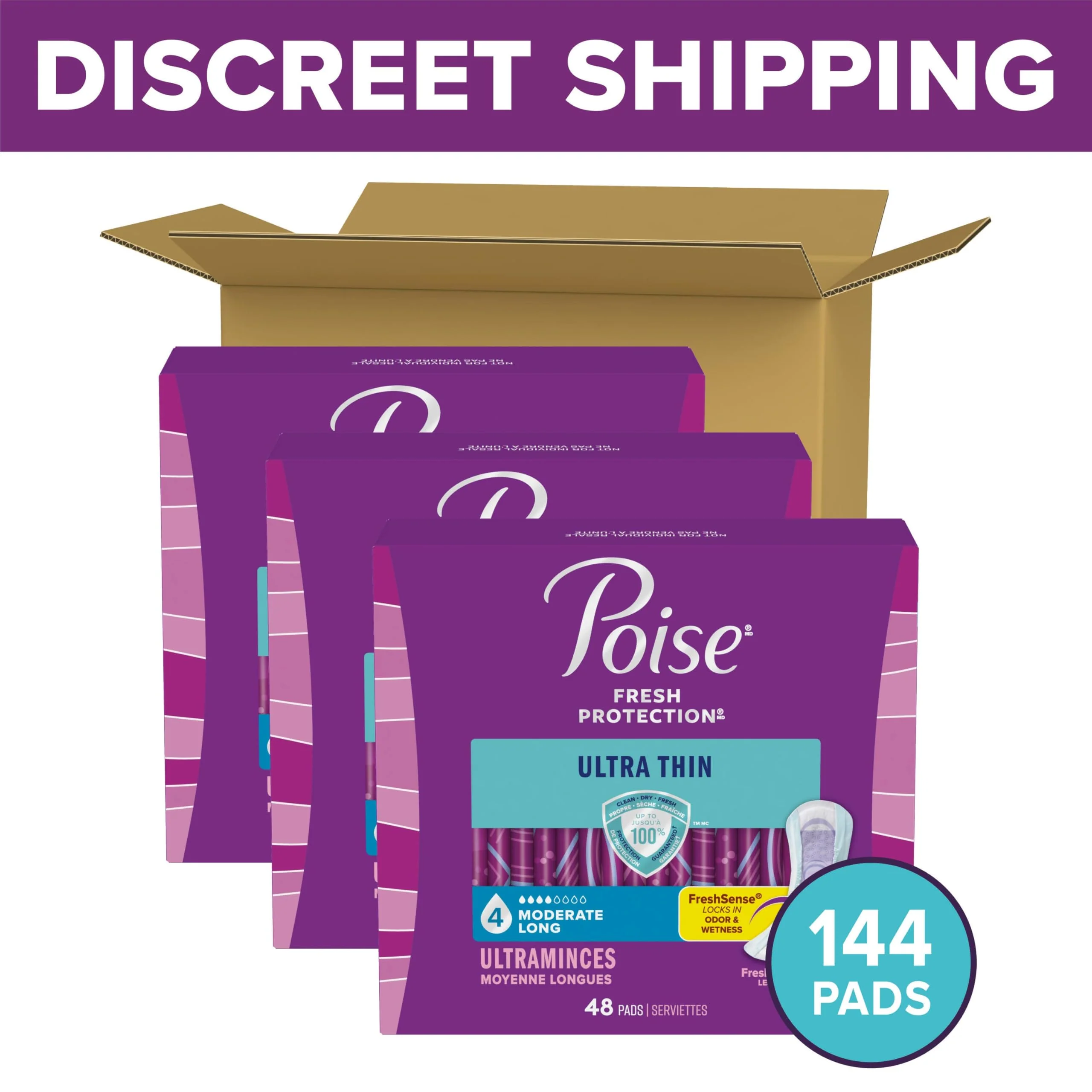 Poise Ultra Thin Incontinence Pads & Postpartum Pads for Bladder Leaks, 4 Drop Moderate Absorbency, Long Length, 144 Count, Packaging May Vary - Image 2