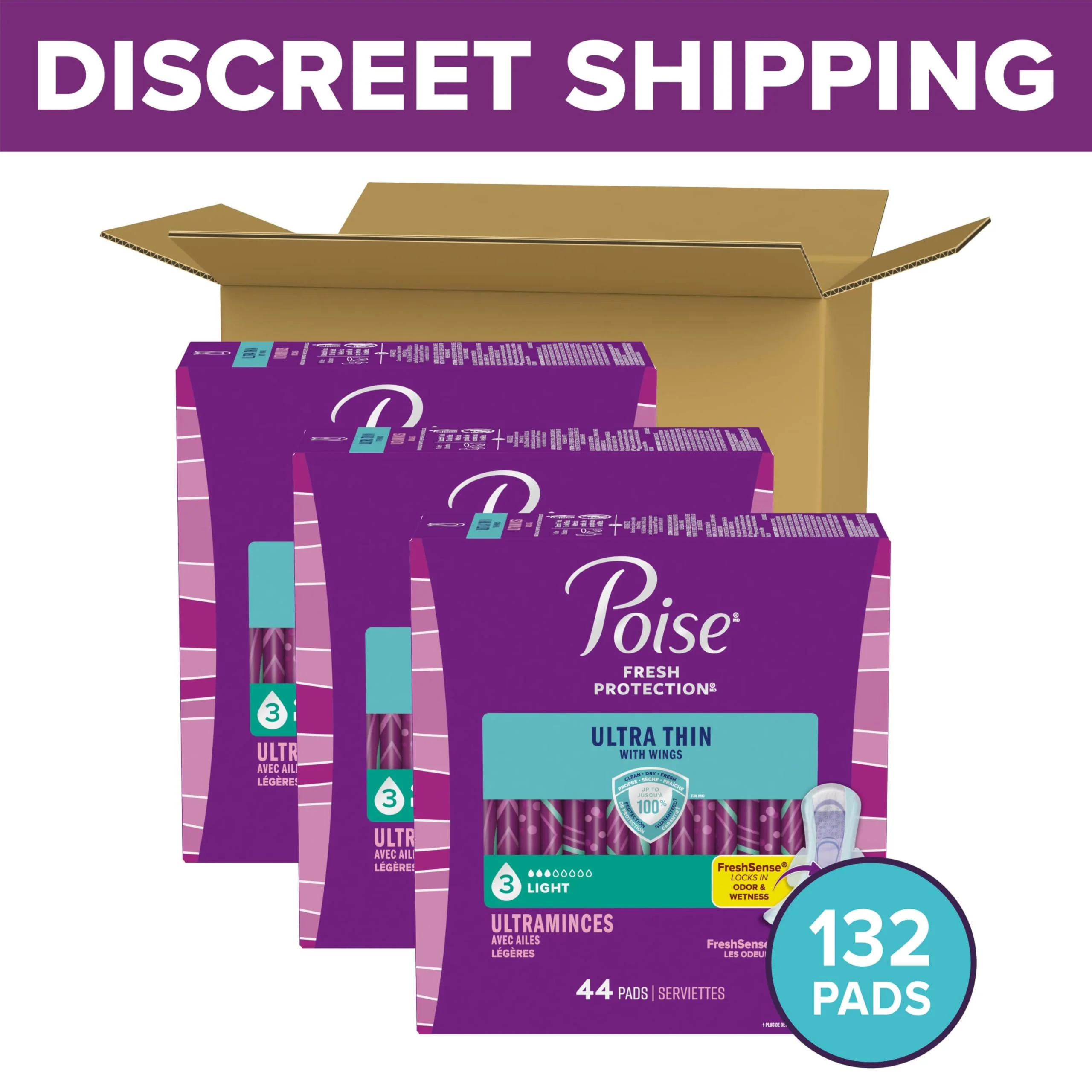 Poise Ultra Thin Incontinence & Postpartum Pads with Wings for Bladder Leaks, 3 Drop Light Absorbency, Regular Length, 132 Count, Packaging May Vary - Image 2