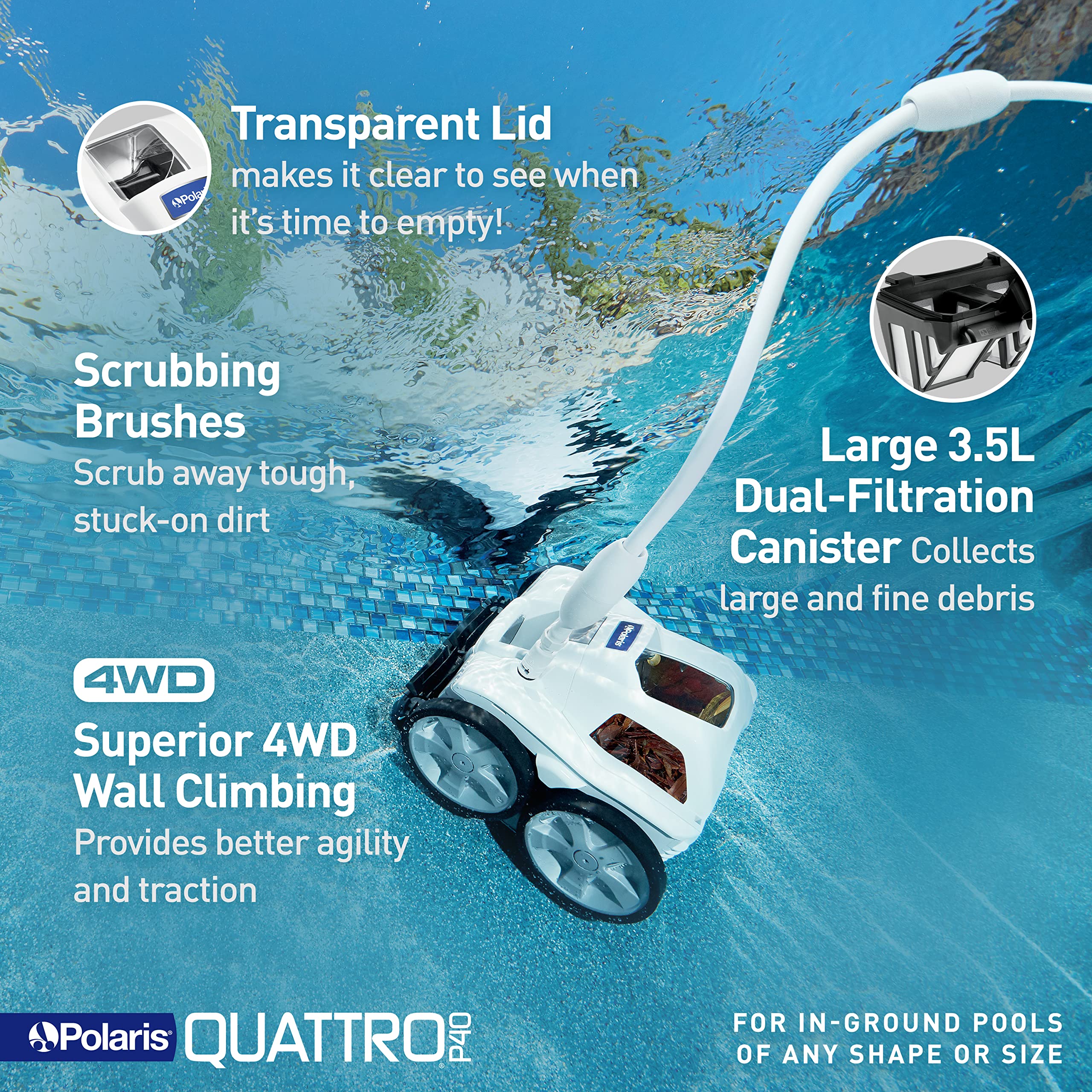 Polaris Quattro P40 Pressure Side Pool Cleaner for All In-Ground Pool Surfaces, Large-Capacity Dual Filtration Canister, 31' Hose & Transparent Lid to View Debris - Image 4