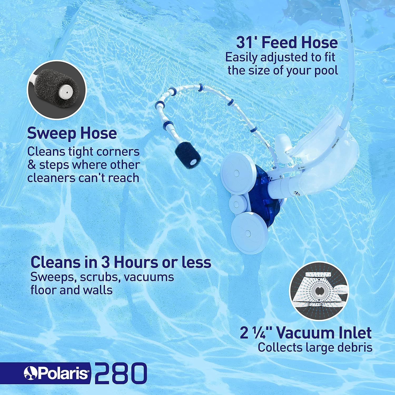 Polaris Vac-Sweep 280 Pressure-Side In-ground Pool Cleaner, Double Venturi Jet Powered, 31ft of Hose with an All Purpose Debris Bag - Image 6