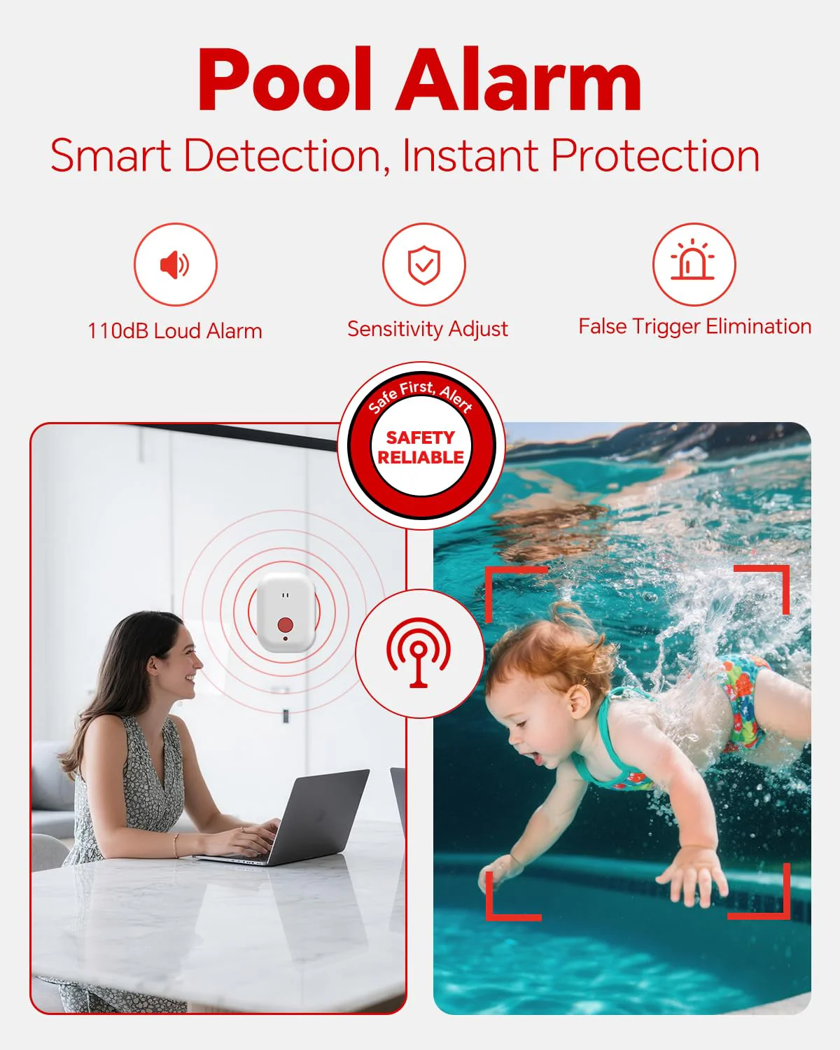 Pool Alarm, Floating Pool Safety Alarms for Inground & Above Ground Pools – Loud 110dB Alert, Adjustable Sensitivity, Protection for Kids & Pets (Hot Red) - Image 5