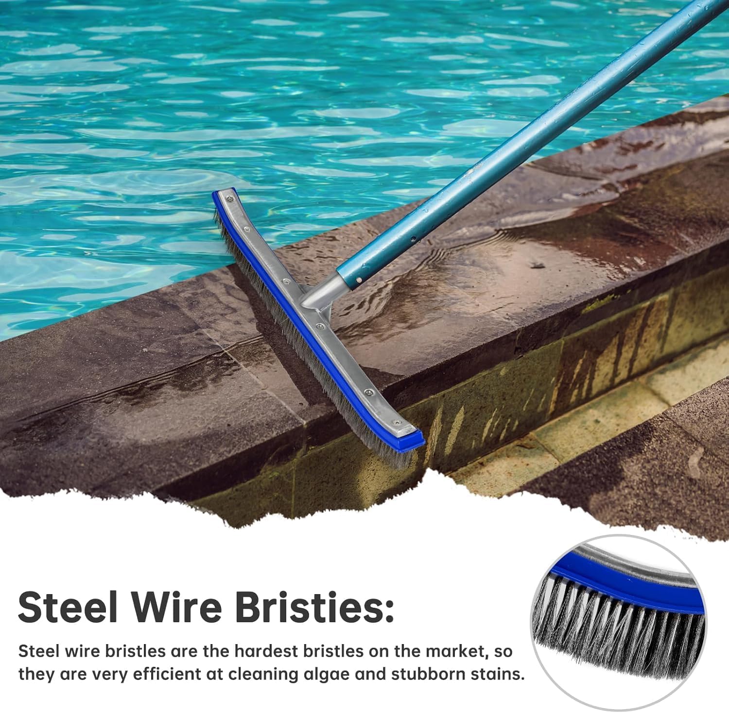 Pool Brush Head | 18" Heavy Duty Floor Brush | Stainless Steel Brush | Metal Pool Scrubber Brush | Wire Bristles & Aluminium Back for Sweep Calcium Buildup, Rust Stains on Concrete - Image 3