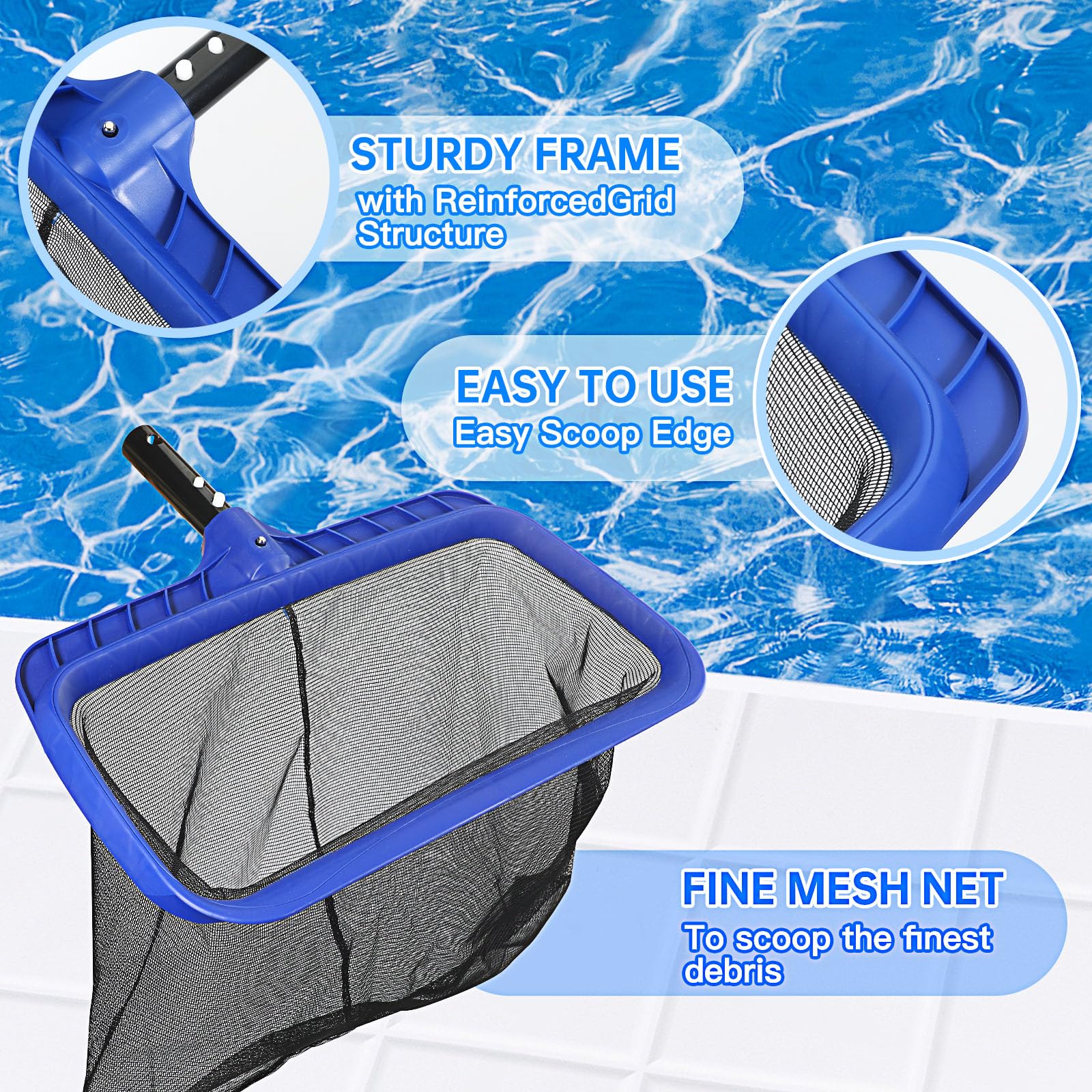 Pool Brush Head & Fine Mesh Pool Skimmer Kit,17" Pool Brushes for Cleaning Pool Wall, Reinforced Frame Pool Net Leaf Skimmer Cleaning Tool with Deep Fine Nylon Mesh Net Bag for Fast Cleaning - Image 2