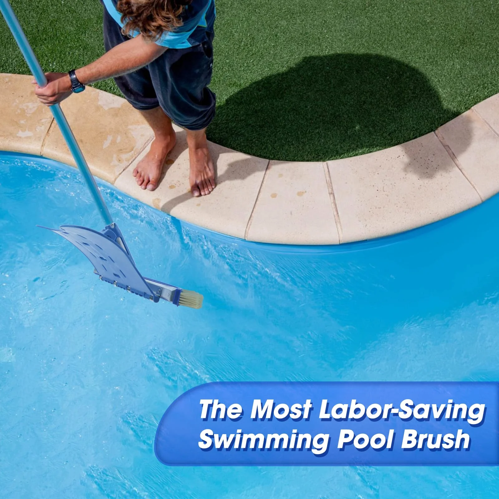 Pool Brush with Brush Tail for Cleaning Pool Walls Using Water Pressure, 18" Tough Plastic Bristles Pool Brush Head with EZ Clips Fit Most Poles (Pole not Included) - Image 2