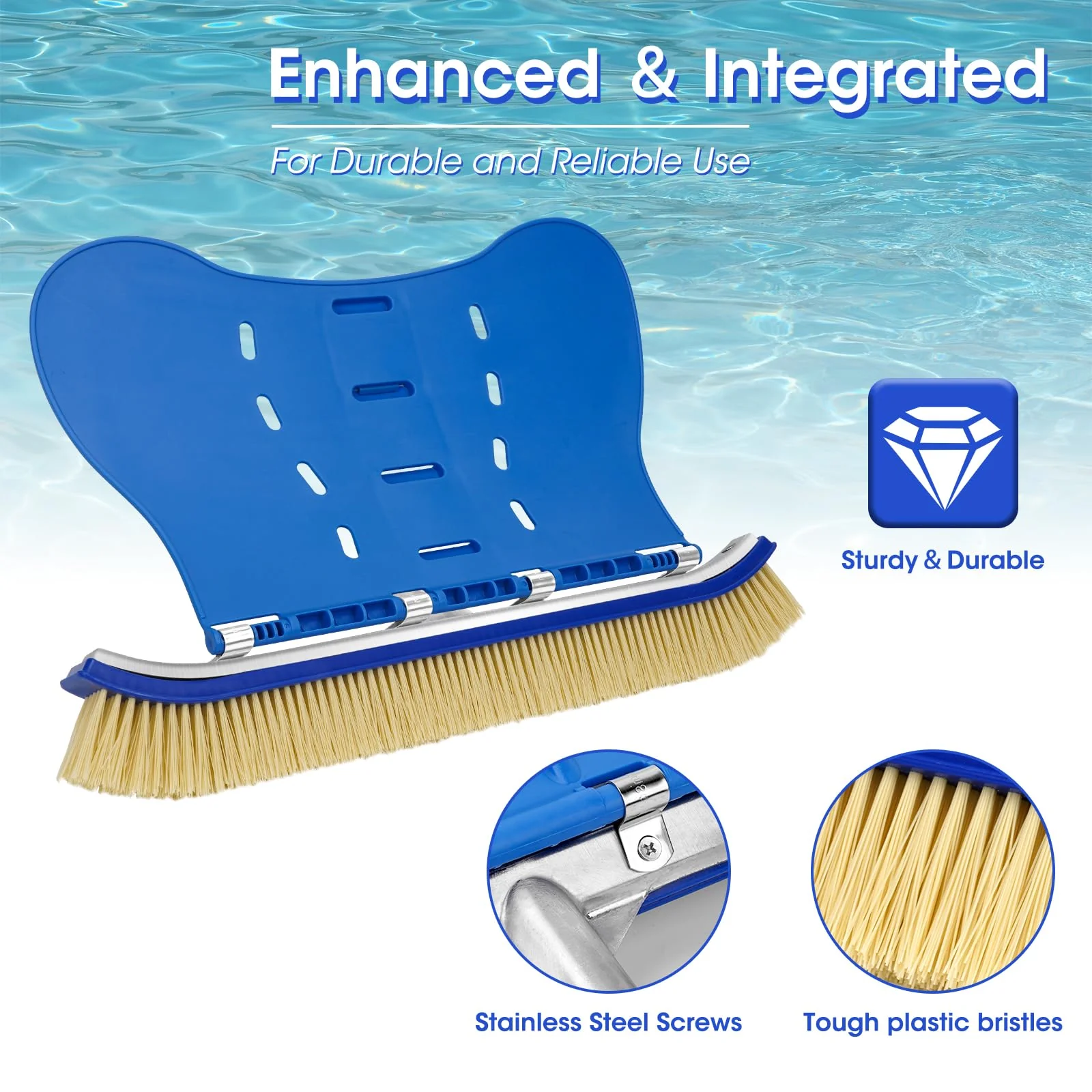 Pool Brush with Brush Tail for Cleaning Pool Walls Using Water Pressure, 18" Tough Plastic Bristles Pool Brush Head with EZ Clips Fit Most Poles (Pole not Included) - Image 3