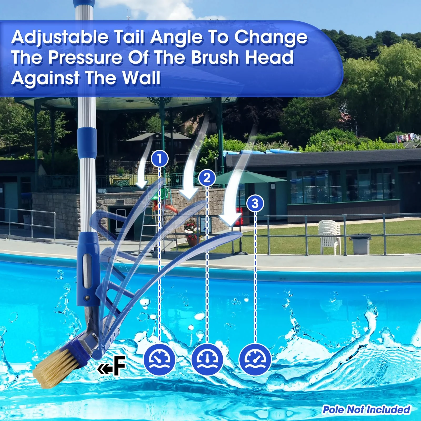 Pool Brush with Brush Tail for Cleaning Pool Walls Using Water Pressure, 18" Tough Plastic Bristles Pool Brush Head with EZ Clips Fit Most Poles (Pole not Included) - Image 4