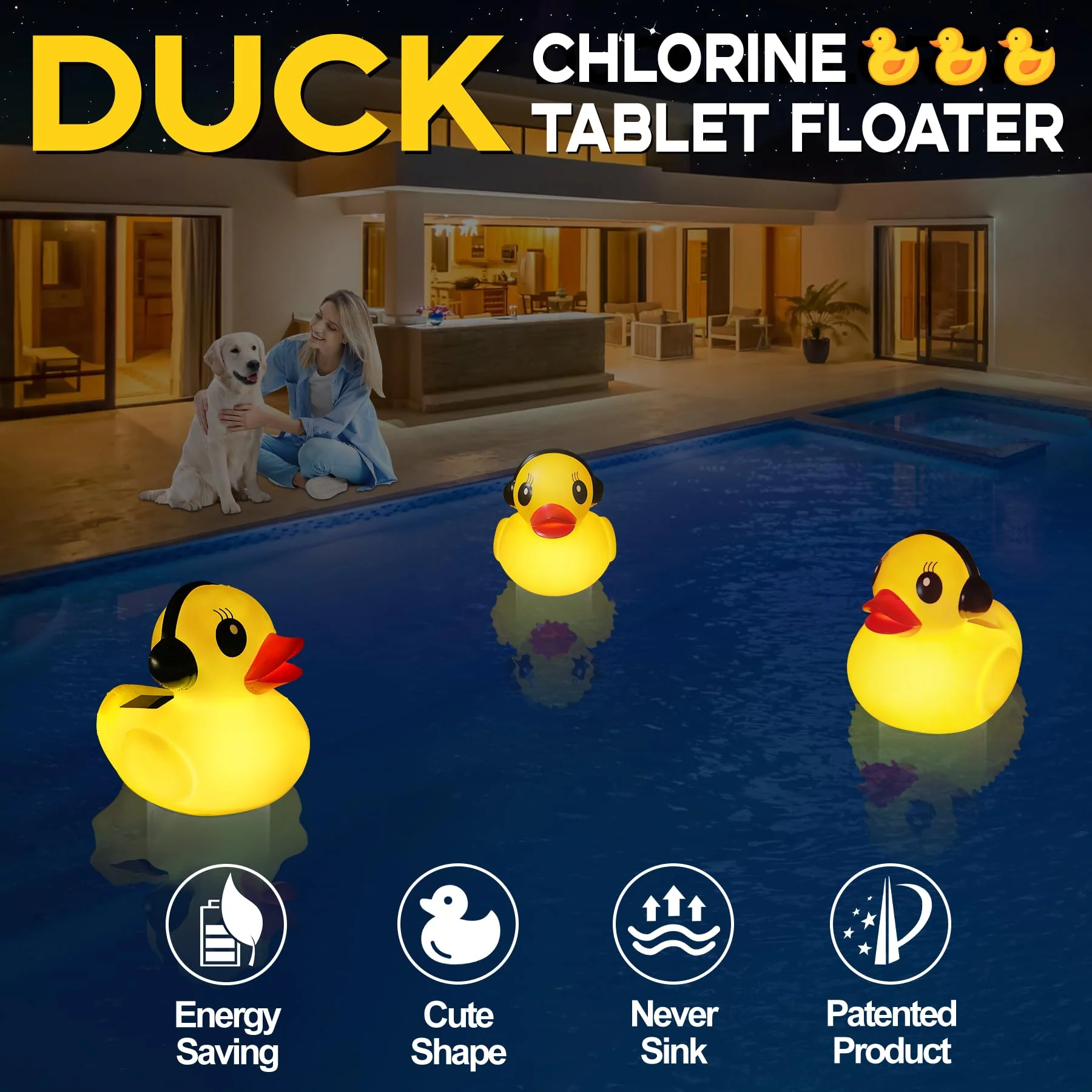 Pool Chlorine Floater with Light,Duck Chlorines Floaters with Adjustable Flow,Solar Chlorine Floater,Floating chlorines Dispenser for Pool,Hot Tub chlorines Floaters, Yellow - Image 3
