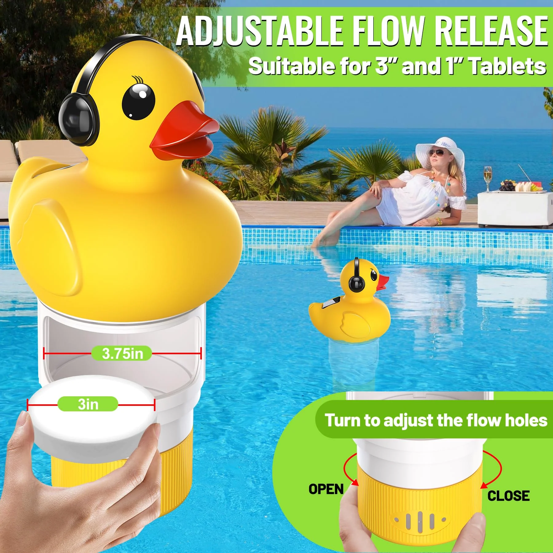 Pool Chlorine Floater with Light,Duck Chlorines Floaters with Adjustable Flow,Solar Chlorine Floater,Floating chlorines Dispenser for Pool,Hot Tub chlorines Floaters, Yellow - Image 6