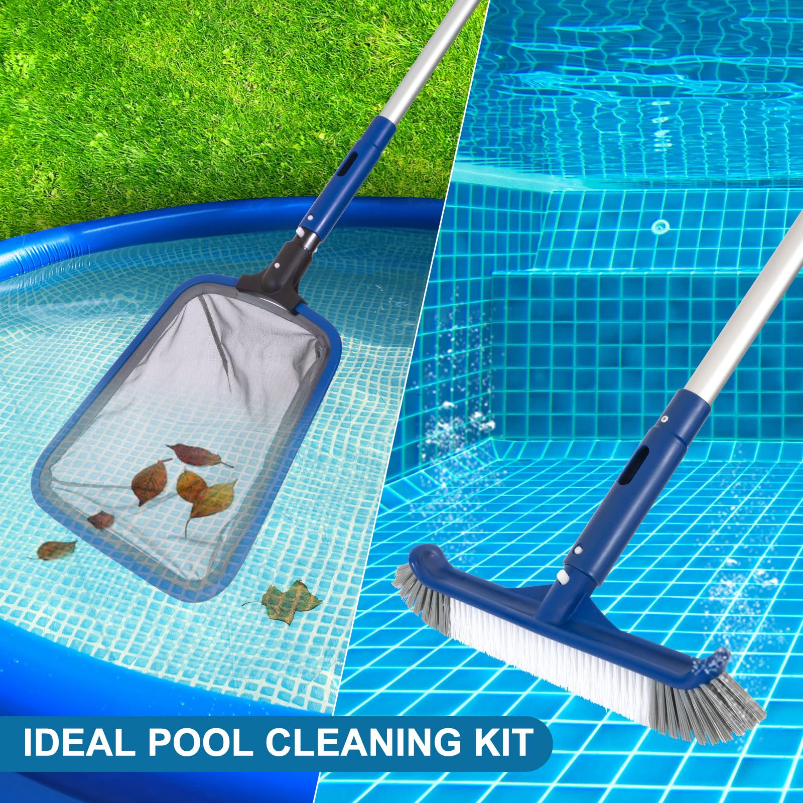 Pool Cleaning Kit, 14.5'' Pool Brush Head & Ultra Fine Mesh Pool Skimmer Net with Pole, Aluminum Frame Pool Net Skimmer & Pool Brush with Pole,Pool Net & Pool Brushes for Cleaning Pool Walls with Pole - Image 2