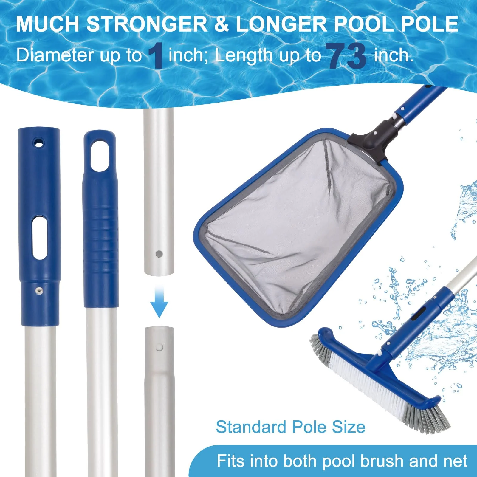 Pool Cleaning Kit, 14.5'' Pool Brush Head & Ultra Fine Mesh Pool Skimmer Net with Pole, Aluminum Frame Pool Net Skimmer & Pool Brush with Pole,Pool Net & Pool Brushes for Cleaning Pool Walls with Pole - Image 3