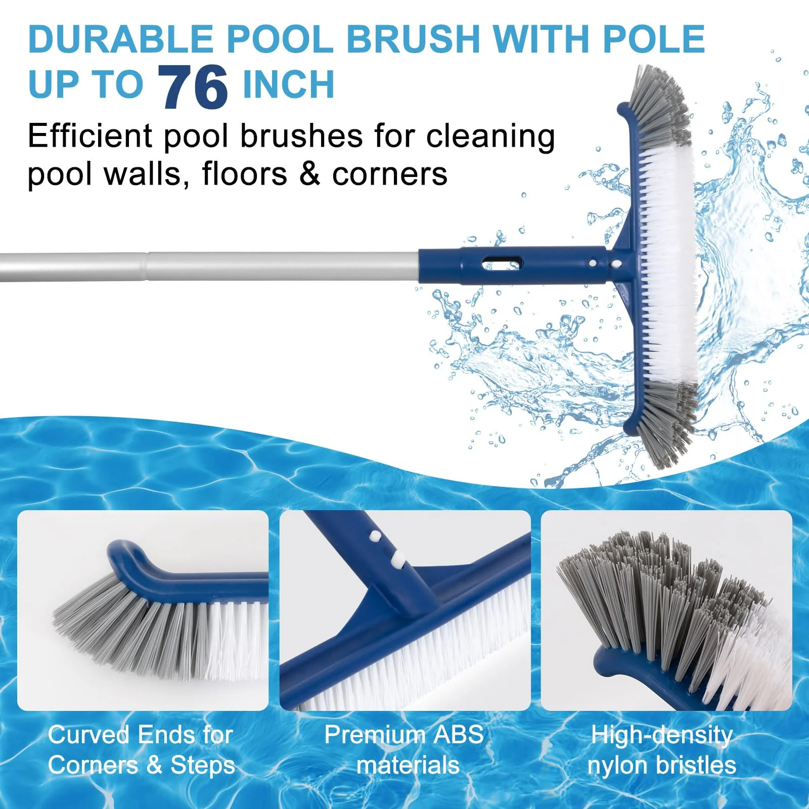 Pool Cleaning Kit, 14.5'' Pool Brush Head & Ultra Fine Mesh Pool Skimmer Net with Pole, Aluminum Frame Pool Net Skimmer & Pool Brush with Pole,Pool Net & Pool Brushes for Cleaning Pool Walls with Pole - Image 4