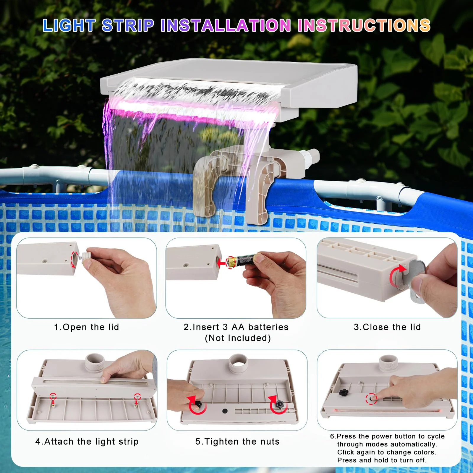 Pool Fountain Waterfall for Above Ground Pools, Swimming Pool Attachment Accessories, Relaxing Cascade Soothing Waterfall, Fits Various Frame Pools (with 7 LED Light) - Image 4
