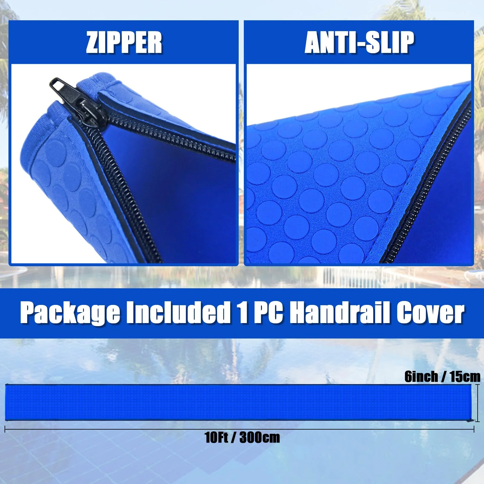 Pool Handrail Covers with Zippers 4 6 8 10 Ft Inground Swimming Pools Hand Rail Cover, Anti-Slip Cool Touch Heat Resistant, Royal Blue, Non Slip Swim Pool Railing Ladder Stair Handle Grip (10 Feet) - Image 8