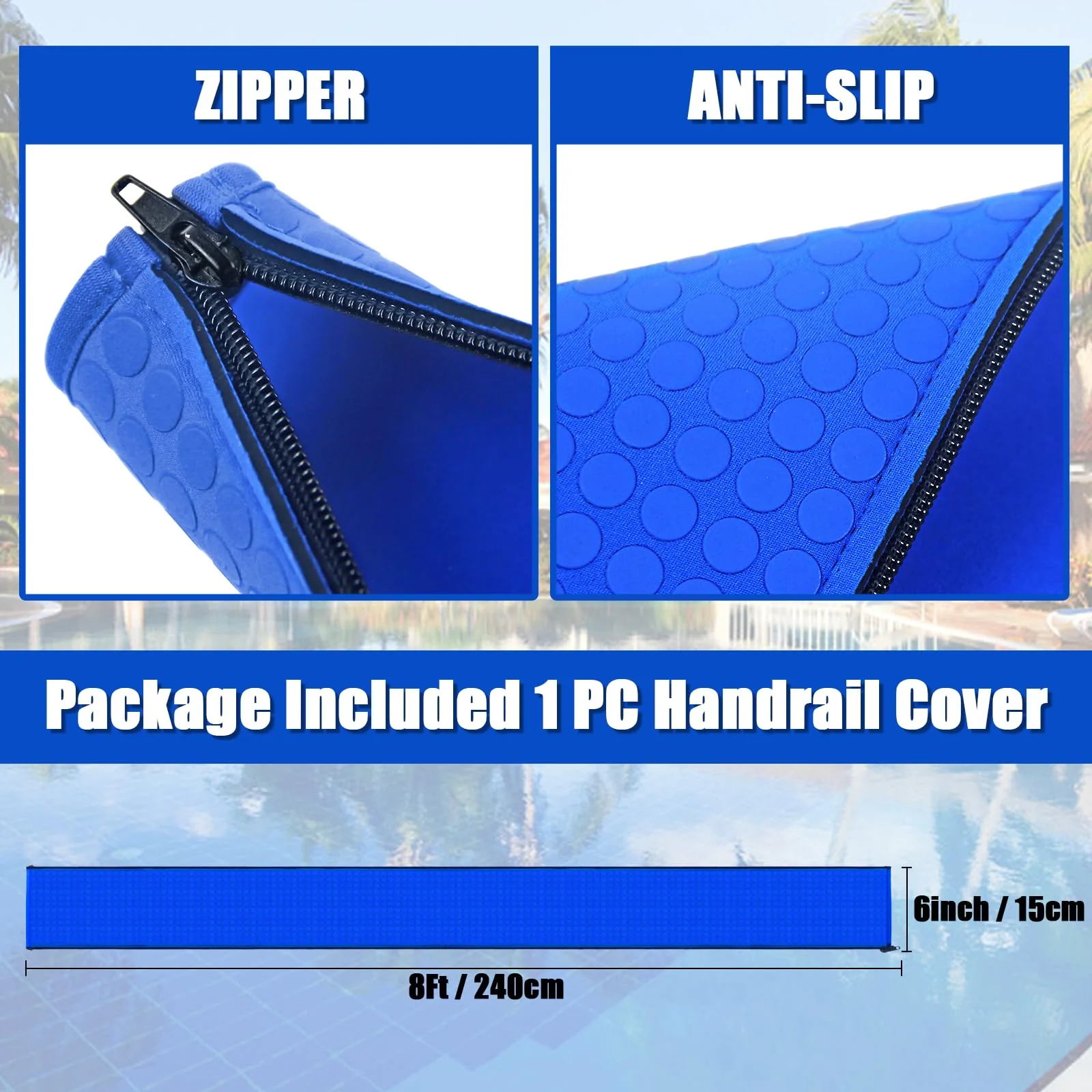Pool Handrail Covers with Zippers 4 6 8 10 Ft Inground Swimming Pools Hand Rail Cover, Anti-Slip Cool Touch Heat Resistant, Royal Blue, Non Slip Swim Pool Railing Ladder Stair Handle Grip (8 Feet) - Image 8
