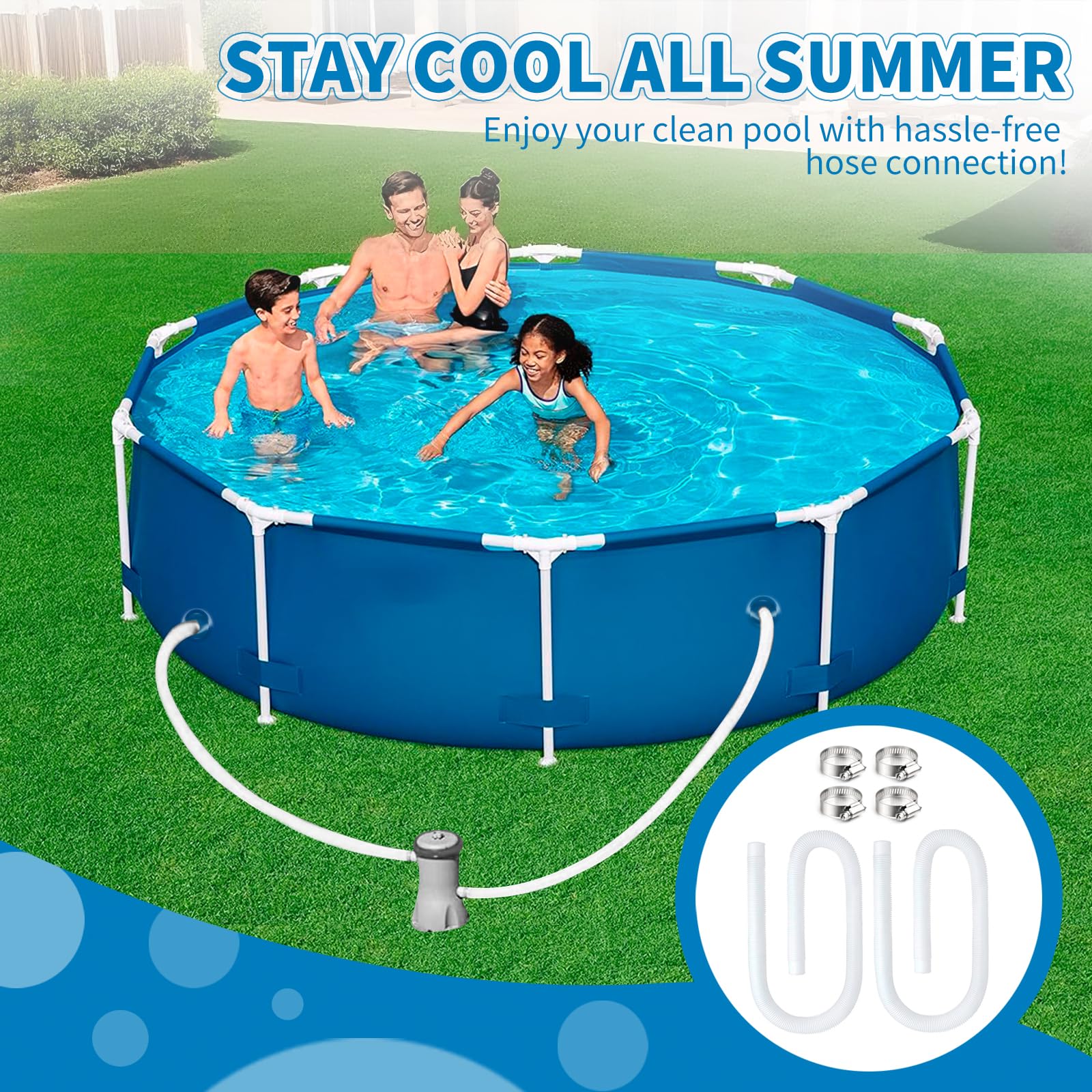 Pool Hose Compatible with Bestway Above Ground Pools, Pool Filter Hose Replacement, 1.25 x 59 Inch Pump Hoses, Compatible with Intex Pump Models 607, 637, 2 Pack 1 1/4 Hoses with 4 Metal Clamps - Image 2