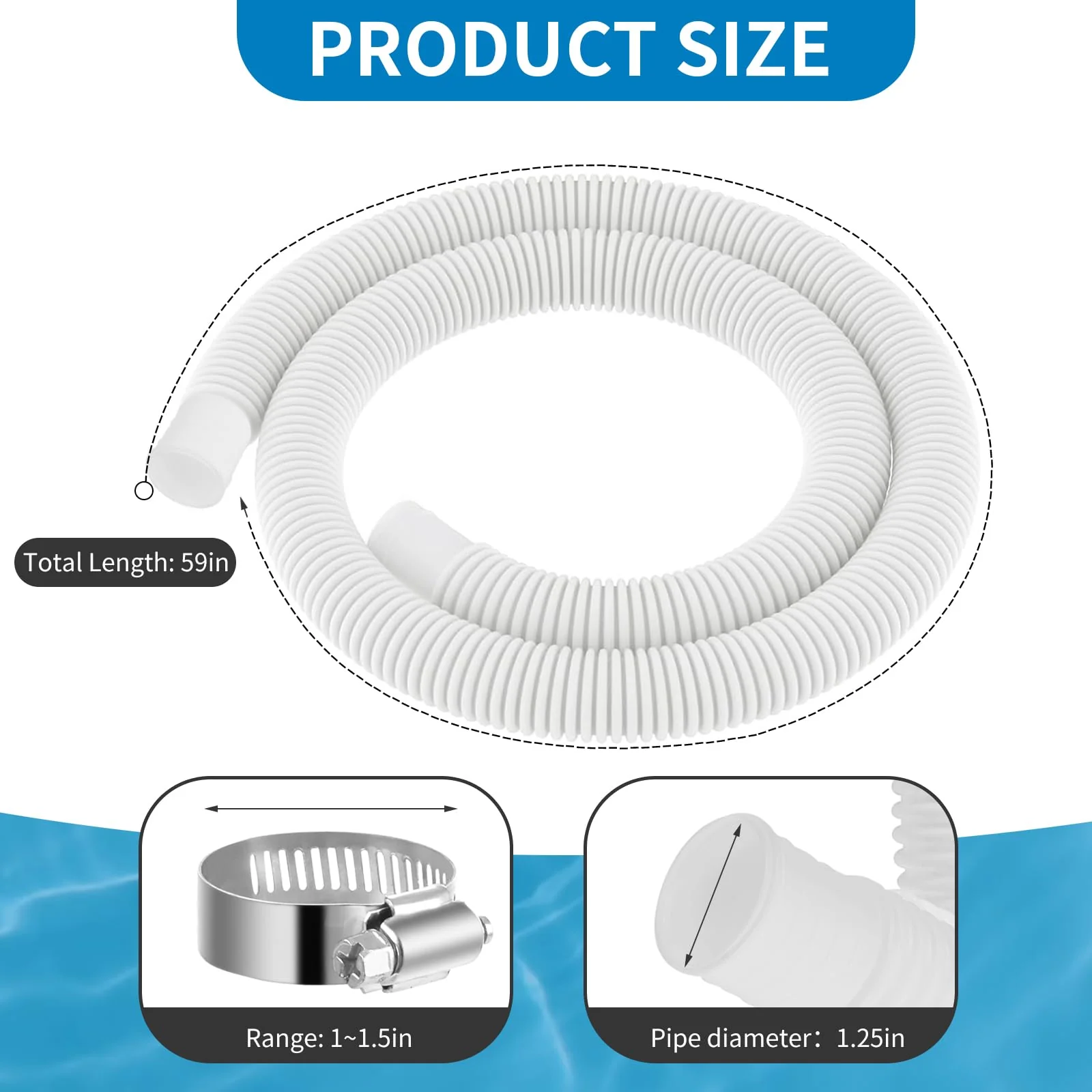 Pool Hose Compatible with Bestway Above Ground Pools, Pool Filter Hose Replacement, 1.25 x 59 Inch Pump Hoses, Compatible with Intex Pump Models 607, 637, 2 Pack 1 1/4 Hoses with 4 Metal Clamps - Image 3