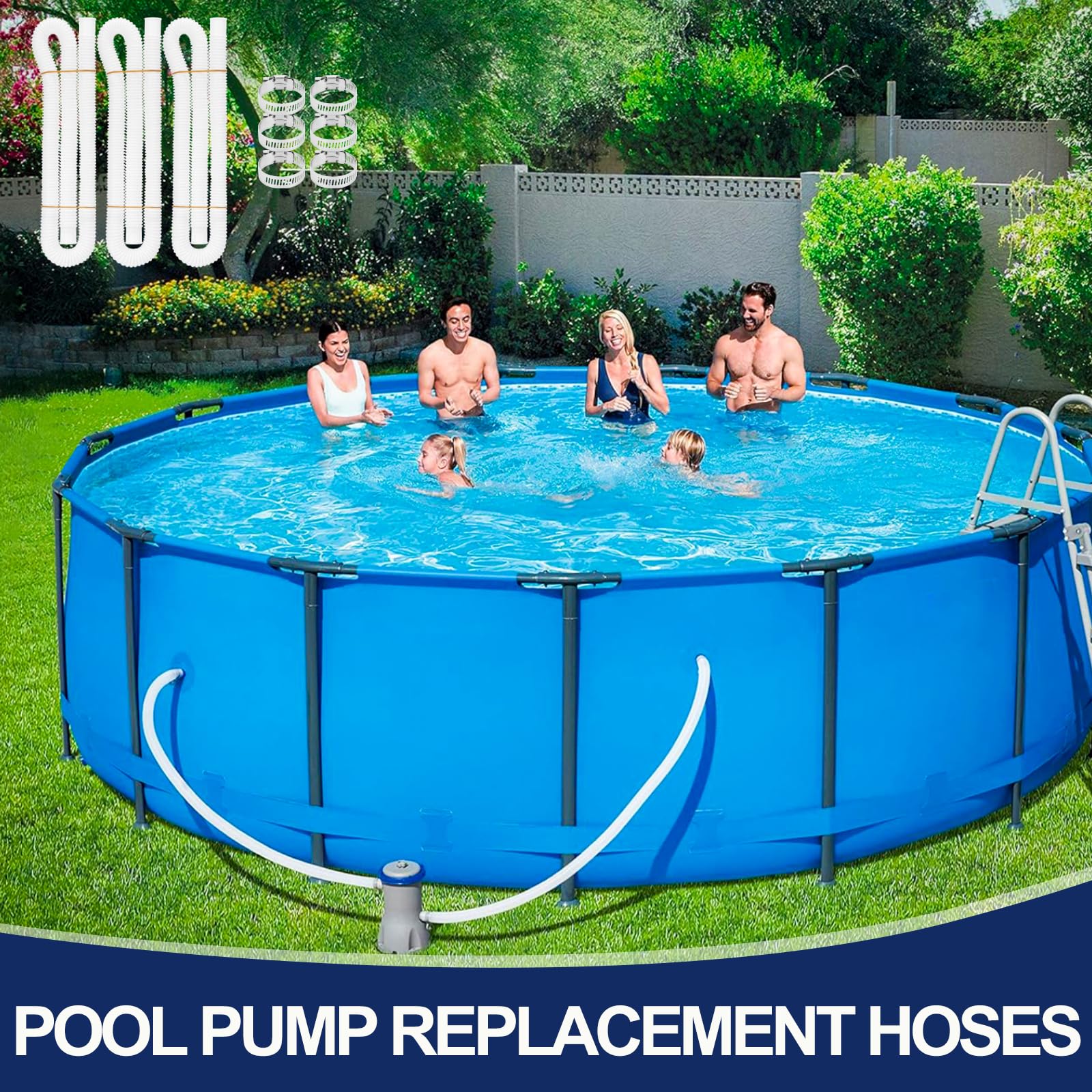 Pool Hoses for Above Ground Pools, 3 Pack 1.25 x 59 Inch Pool Filter Pump Hoses, Compatible with Intex Pool Filter Pump 607, 637 With 6 Metal Clamps - Image 2