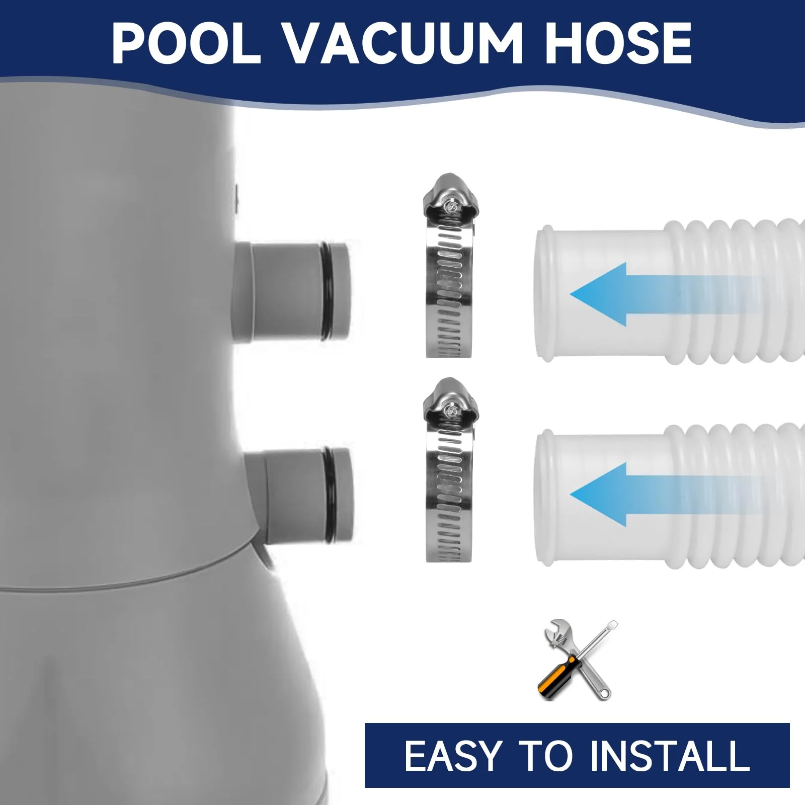 Pool Hoses for Above Ground Pools, 3 Pack 1.25 x 59 Inch Pool Filter Pump Hoses, Compatible with Intex Pool Filter Pump 607, 637 With 6 Metal Clamps - Image 3