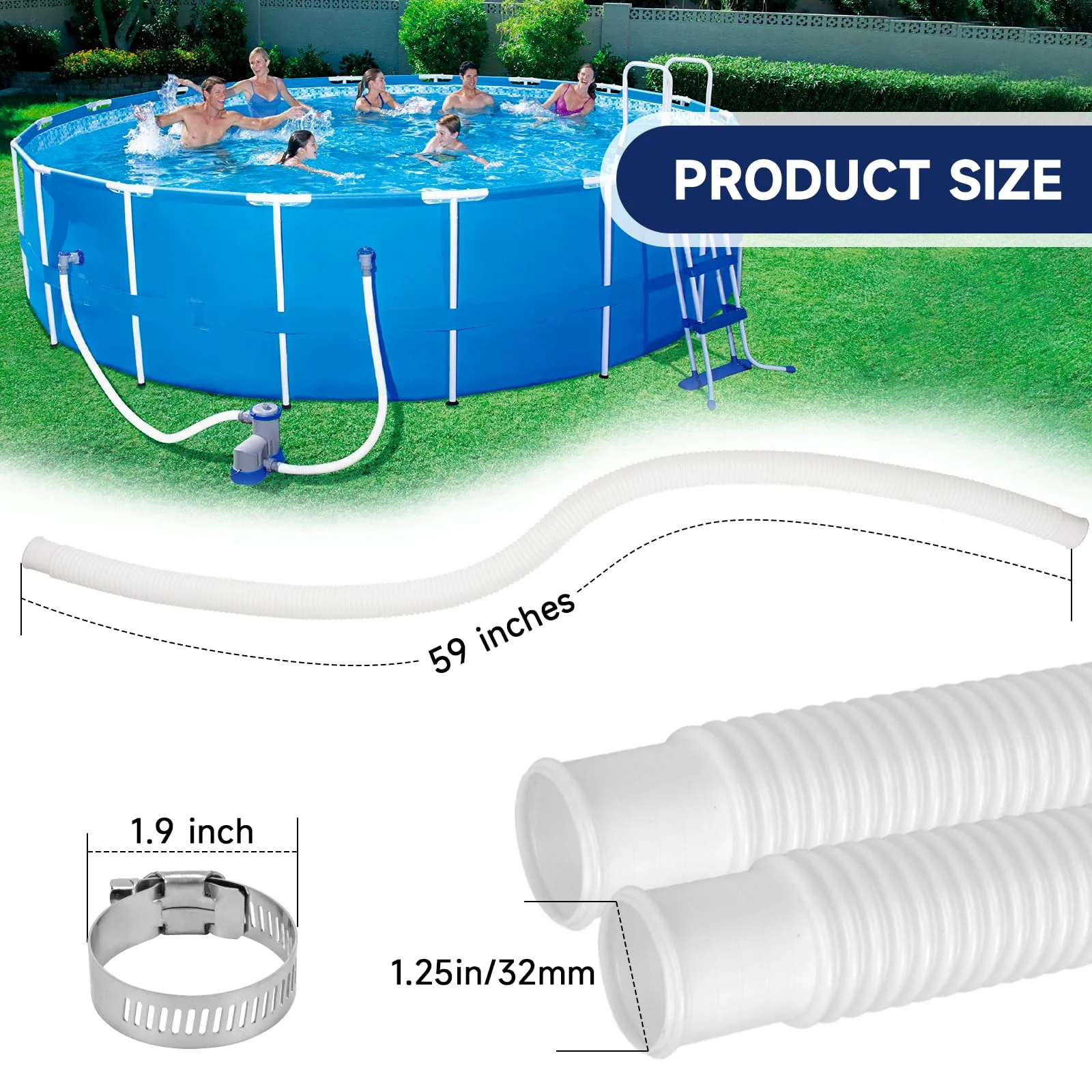 Pool Hoses for Above Ground Pools, 3 Pack 1.25 x 59 Inch Pool Filter Pump Hoses, Compatible with Intex Pool Filter Pump 607, 637 With 6 Metal Clamps - Image 7
