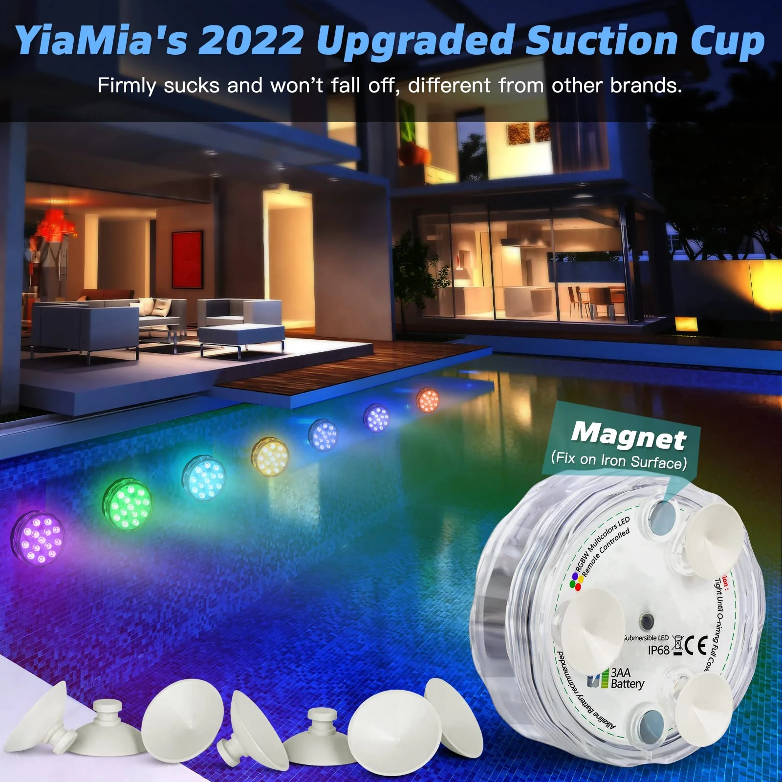 Pool Lights Submersible LED Light with Remote, Waterproof Pond Lights with Upgrade Suction Cups,Magnets, 16 Changeable Colors 3.35'' Battery LED light for Underground Pool Fountain Pond Aquarium - Image 7