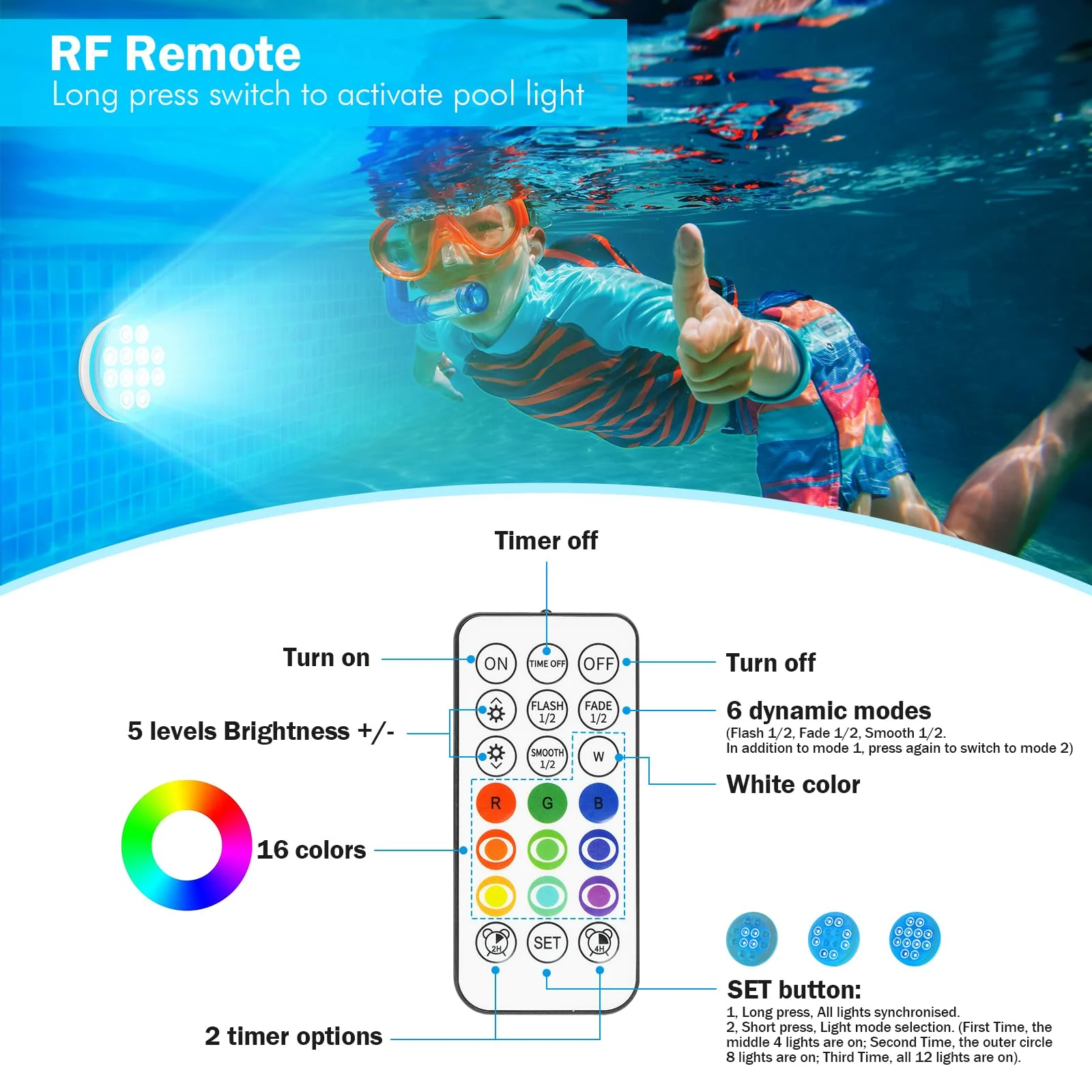 Pool Lights(4 PACK), Ultra-High Brightness Rechargeable Submersible Pool Lights with Remote, IP68 Waterproof 22 Colors Changing Light 2600mAh Magnet LED Underwater Light for Pools, Hot Tub, Ponds - Image 4