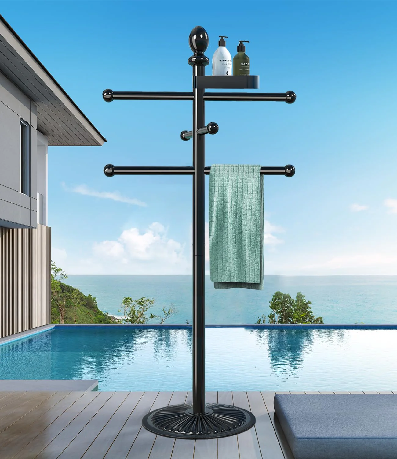Pool Outdoor Towel Rack, Metal Heavy Duty Never Tilt Pool Accessories with Heavy Metal Base, 6 Bars Hot Tub Accessories Towel Dying Rack Towel Stand for Pool, Spa