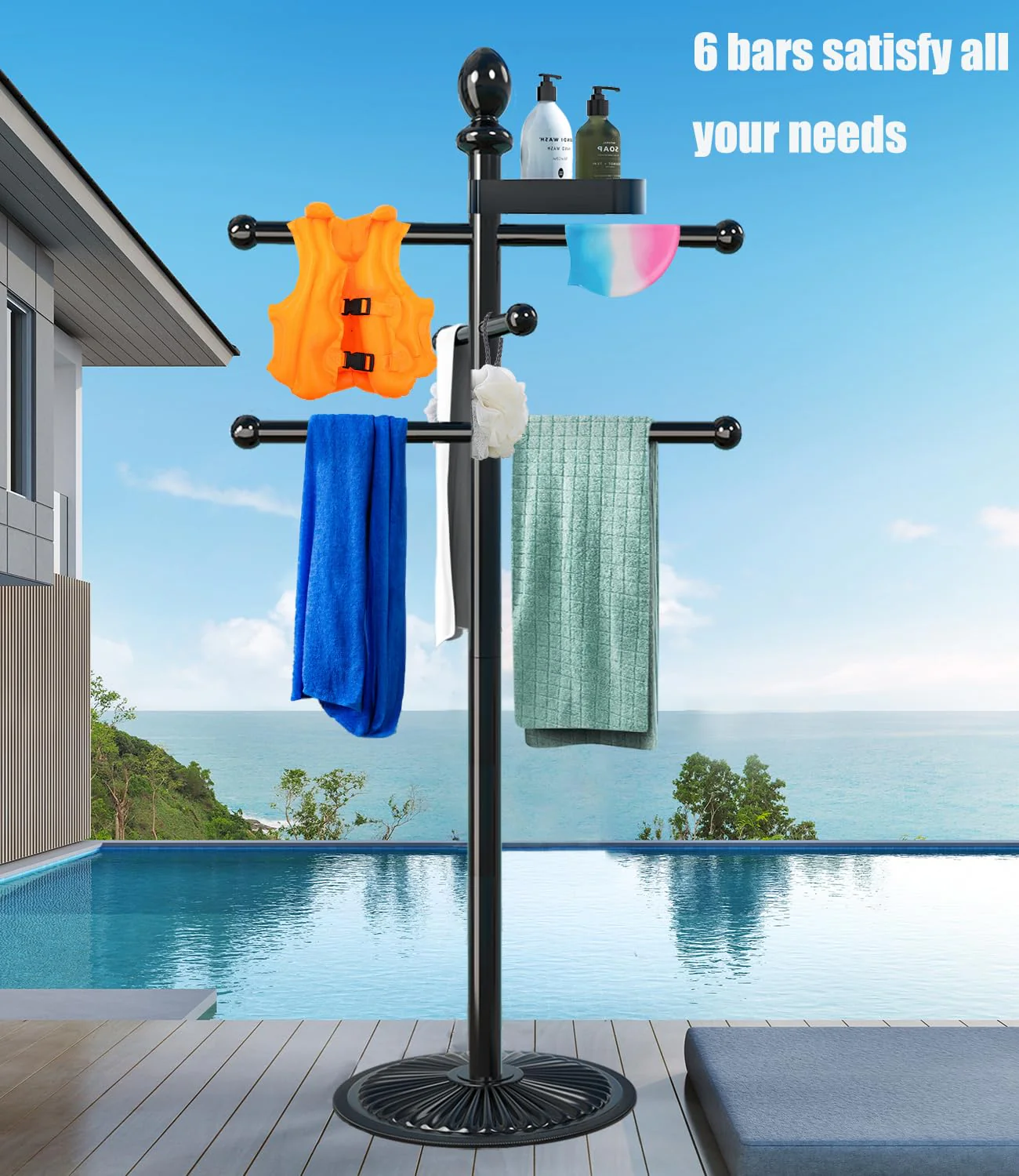 Pool Outdoor Towel Rack, Metal Heavy Duty Never Tilt Pool Accessories with Heavy Metal Base, 6 Bars Hot Tub Accessories Towel Dying Rack Towel Stand for Pool, Spa - Image 6