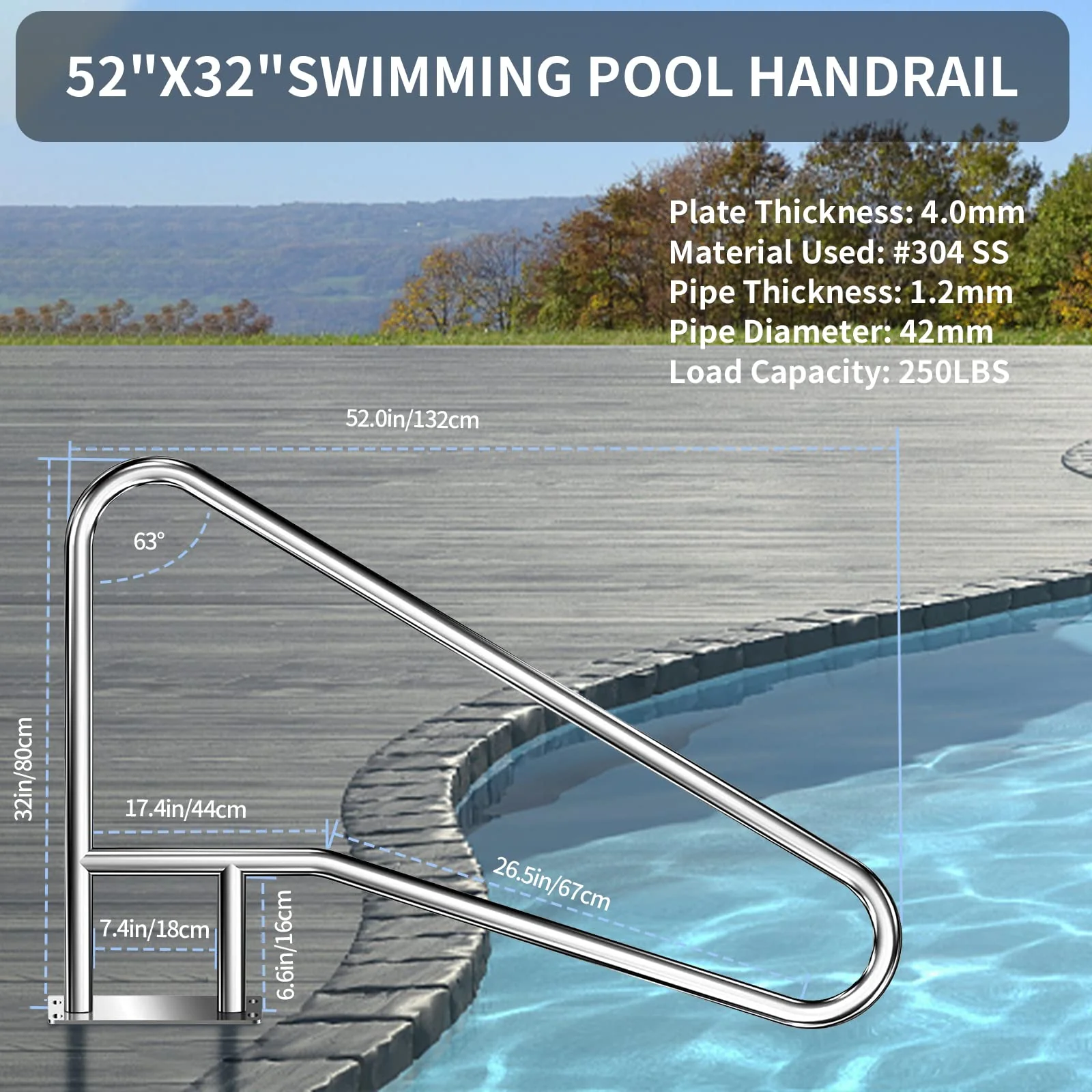 Pool Rail for inground Pools (54x32), 304SS Pool handrail with Nonslip Blue Cover. - Image 7