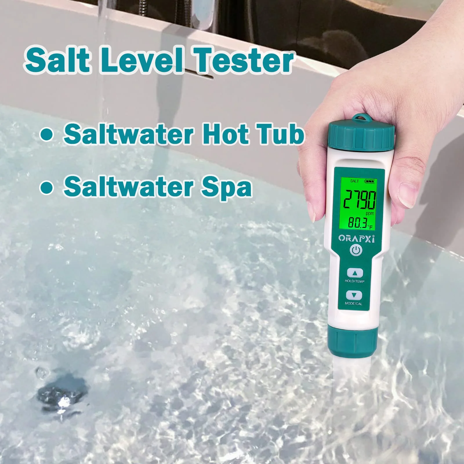 Pool Salt Tester ORAPXI pH and Salt Meter for Saltwater Pool pH and Salinity Digital Tester 5 in 1 Salt Meter for Swimming Pools Hot Tubs and Swim Spas - Image 2