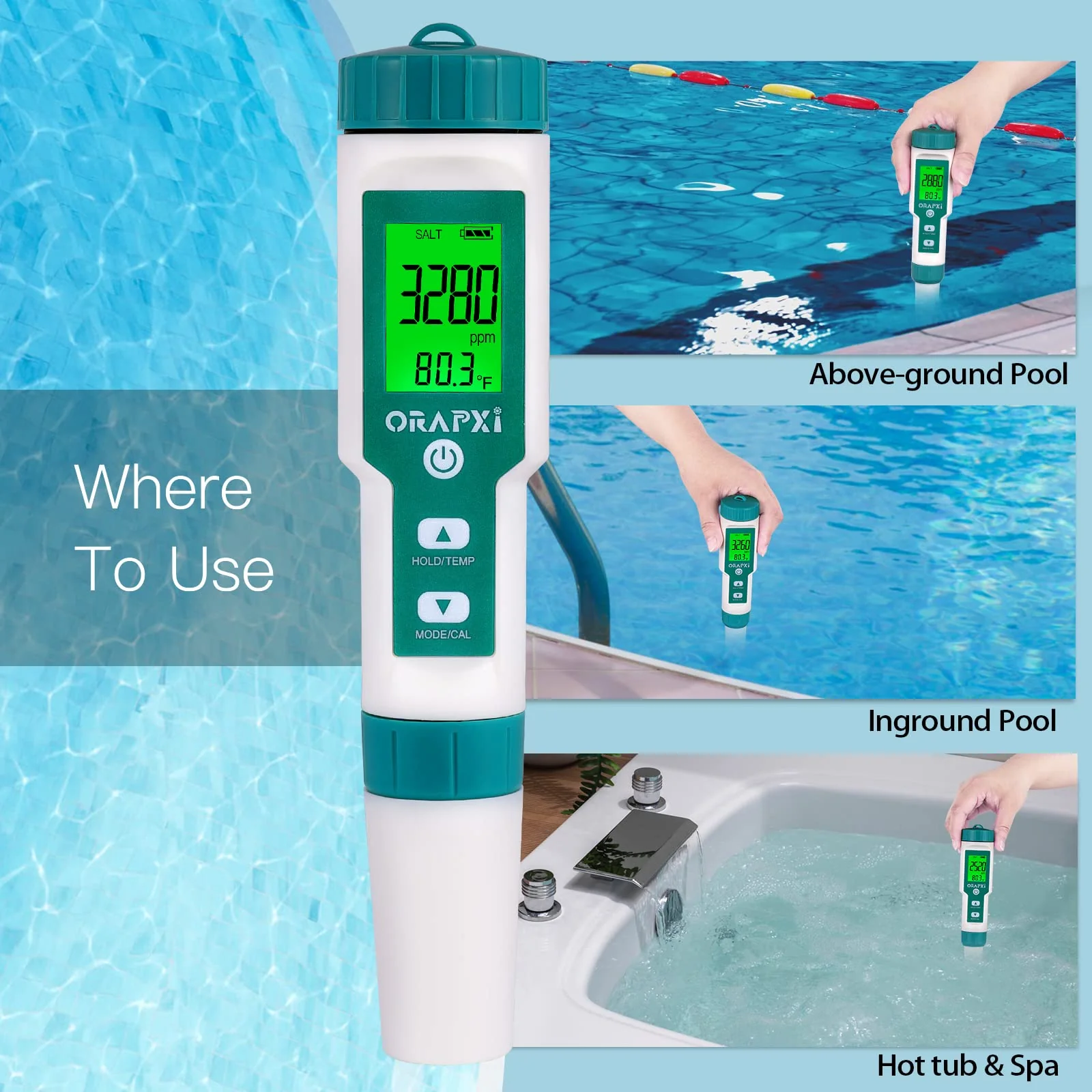 Pool Salt Tester ORAPXI pH and Salt Meter for Saltwater Pool pH and Salinity Digital Tester 5 in 1 Salt Meter for Swimming Pools Hot Tubs and Swim Spas - Image 3