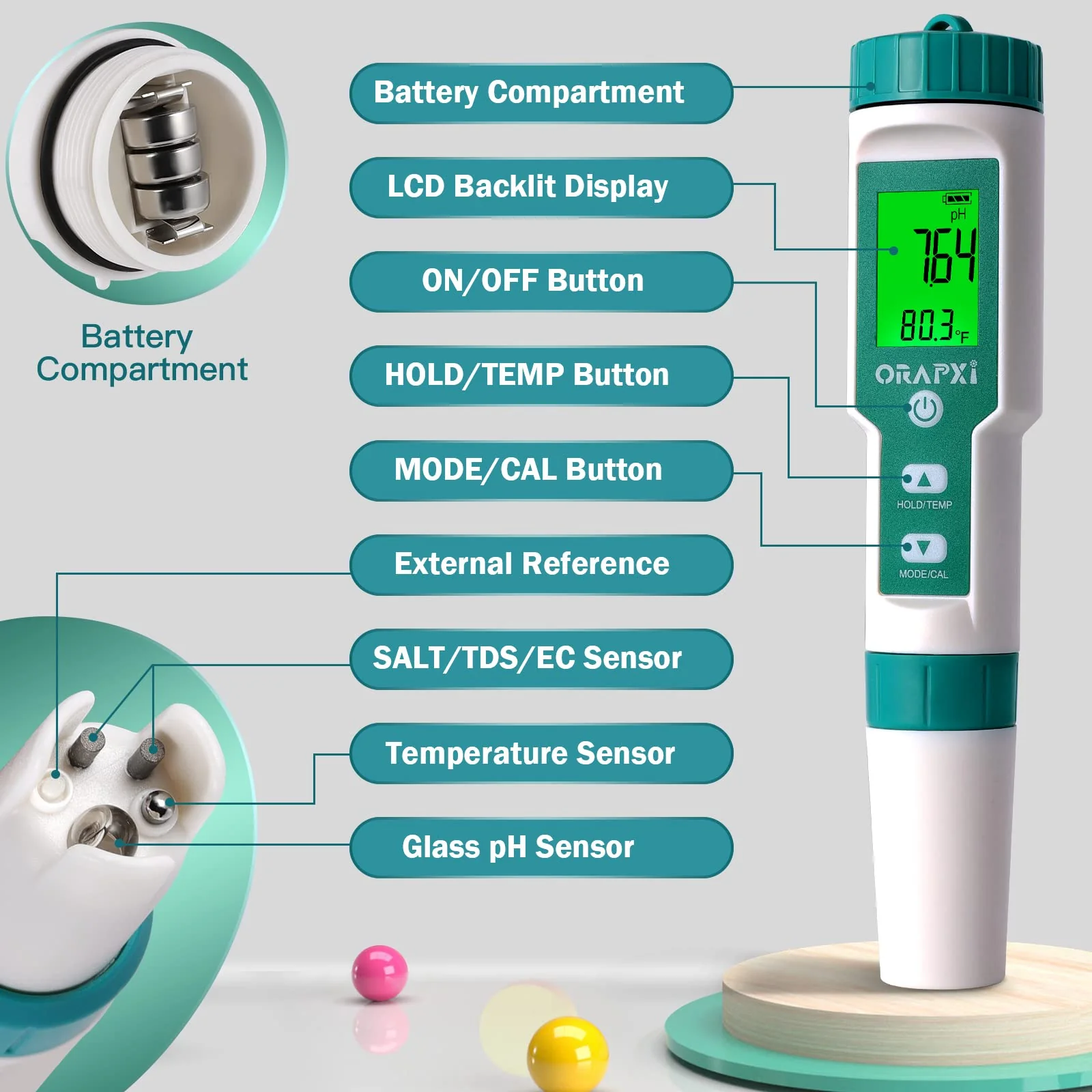 Pool Salt Tester ORAPXI pH and Salt Meter for Saltwater Pool pH and Salinity Digital Tester 5 in 1 Salt Meter for Swimming Pools Hot Tubs and Swim Spas - Image 4