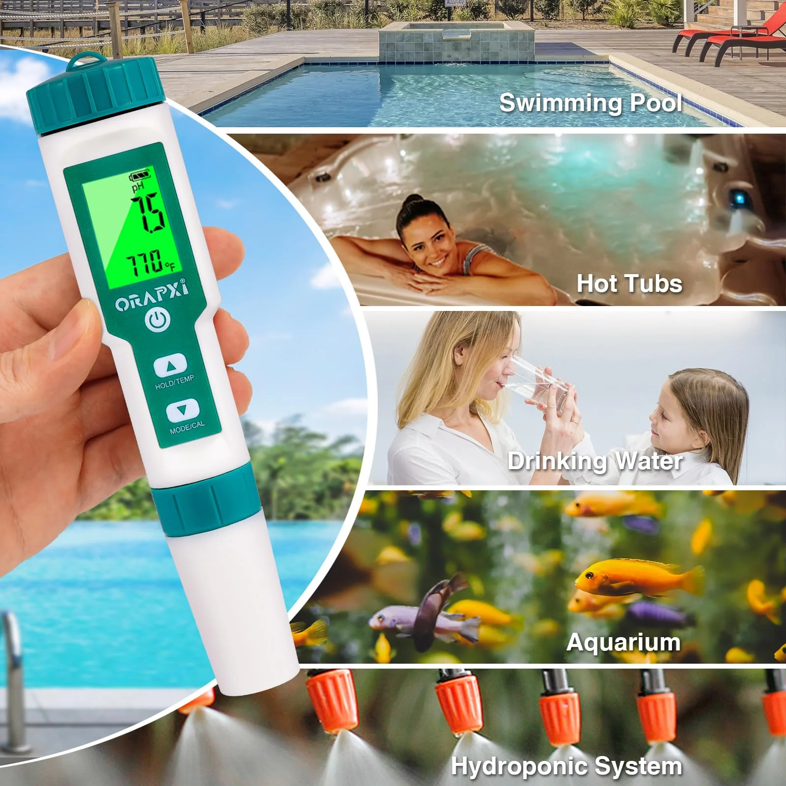 Pool Salt Tester ORAPXI pH and Salt Meter for Saltwater Pool pH and Salinity Digital Tester 5 in 1 Salt Meter for Swimming Pools Hot Tubs and Swim Spas - Image 5