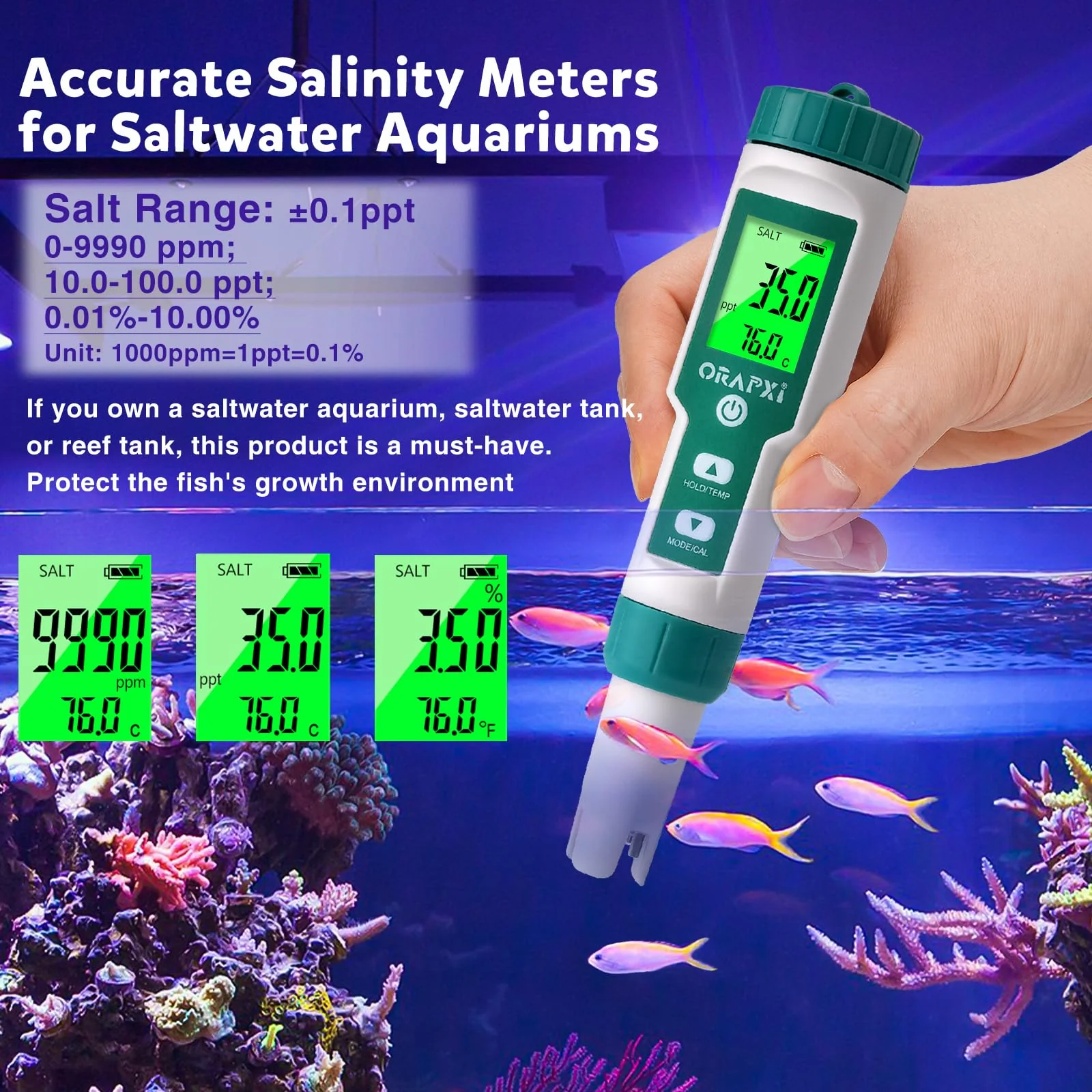 Pool Salt Tester ORAPXI pH and Salt Meter for Saltwater Pool pH and Salinity Digital Tester 5 in 1 Salt Meter for Swimming Pools Hot Tubs and Swim Spas - Image 7