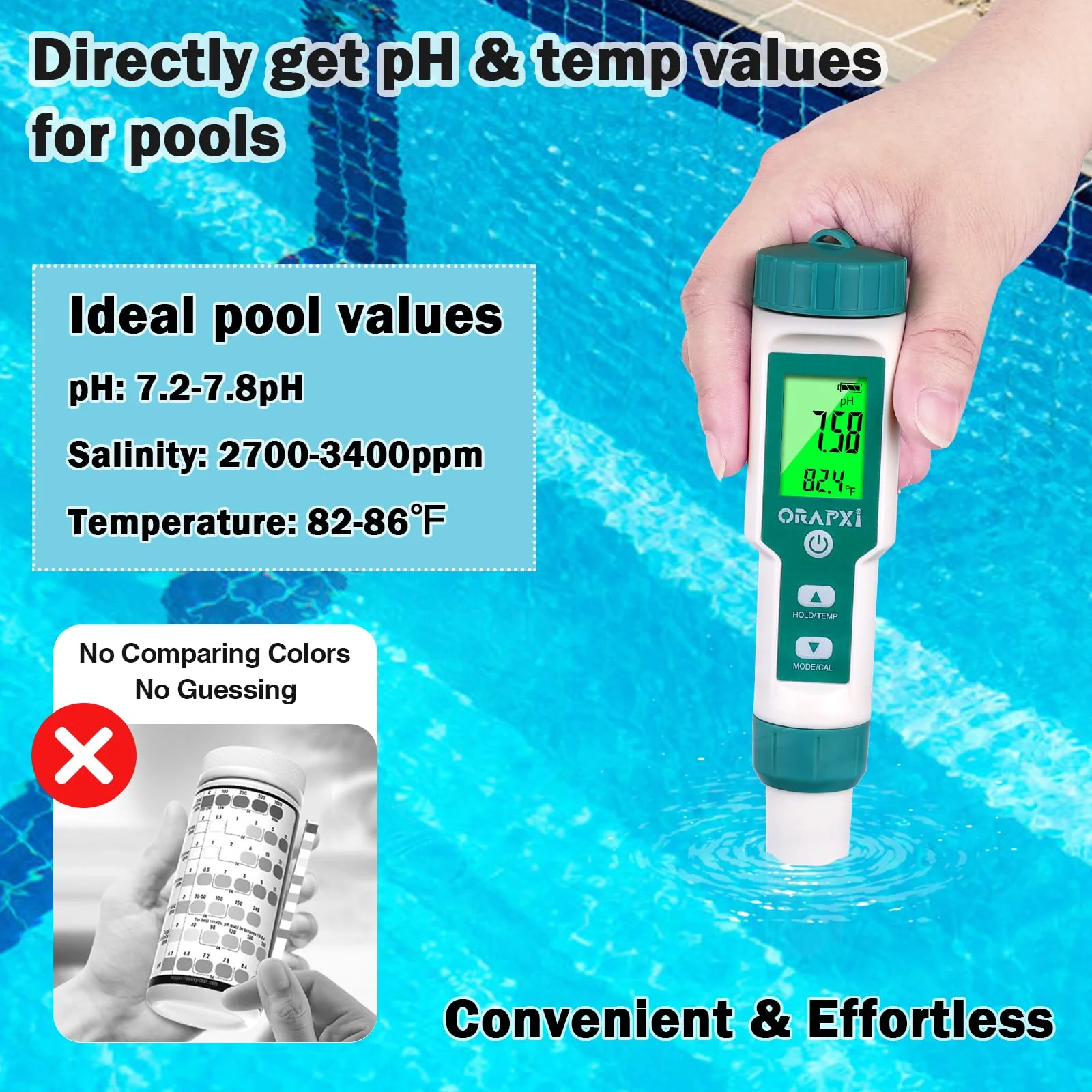 Pool Salt Tester ORAPXI pH and Salt Meter for Saltwater Pool pH and Salinity Digital Tester 5 in 1 Salt Meter for Swimming Pools Hot Tubs and Swim Spas - Image 8