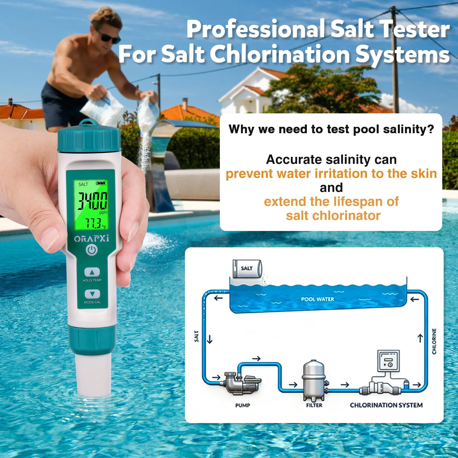 Pool Salt Tester ORAPXI pH and Salt Meter for Saltwater Pool pH and Salinity Digital Tester 5 in 1 Salt Meter for Swimming Pools Hot Tubs and Swim Spas - Image 9