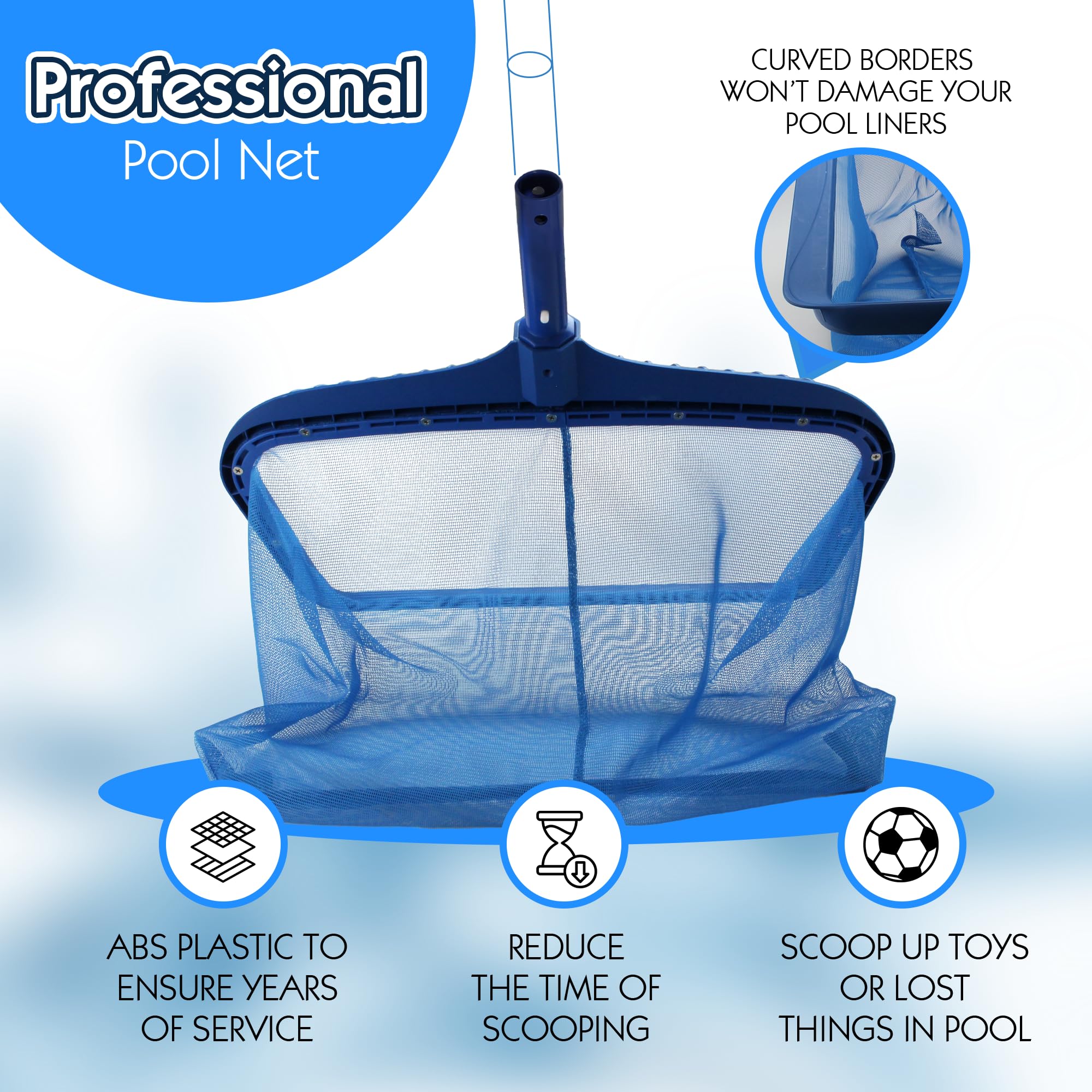 Pool Skimmer Net, Heavy Duty Leaf Rake Cleaning Tool, Fine Mesh Net Bag Catcher Blue - Image 5
