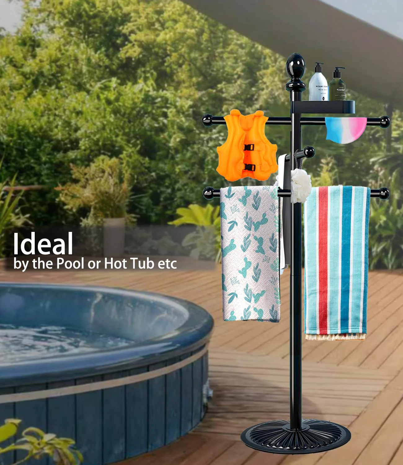Pool Towel Rack Outdoor, 6 Bars with Top Tray Metal Heavy Duty Never Tilt Pool Accessories with Heavy Metal Base, Hot Tub Accessories Towel Dying Rack Towel Stand for Pool, Hot Tub etc - Image 4