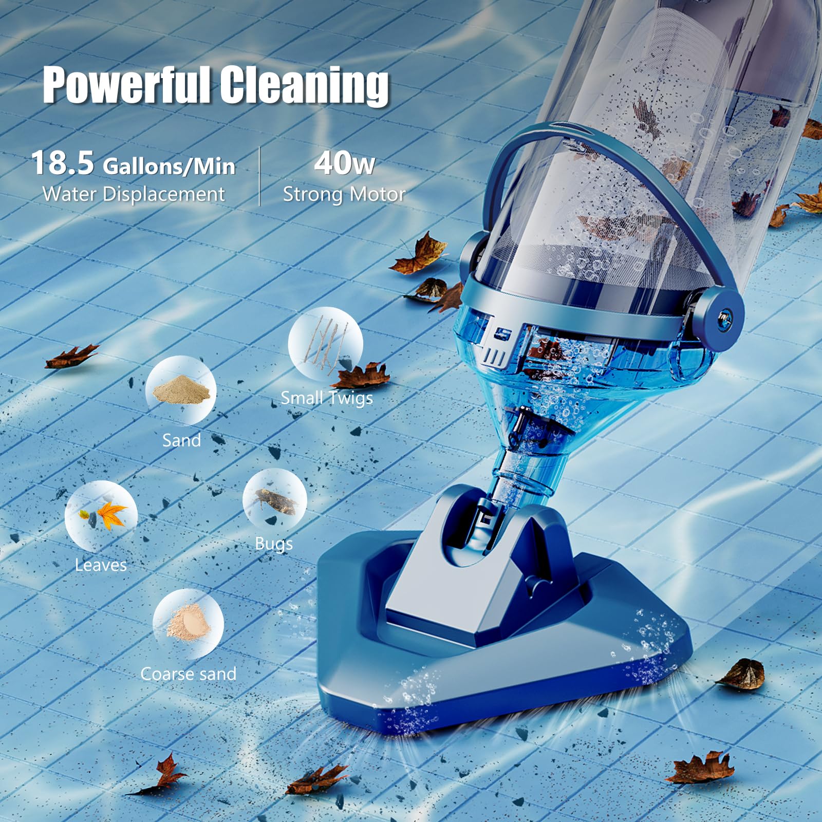 Pool Vacuum for Above Ground Pool with a Telescopic Pole, Running time up to 1H, T403 Handheld Rechargeable Pool Cleaner with Powerful Suction up to 18.5 gallons/min, Ideal for Leaves, Debris - Image 7