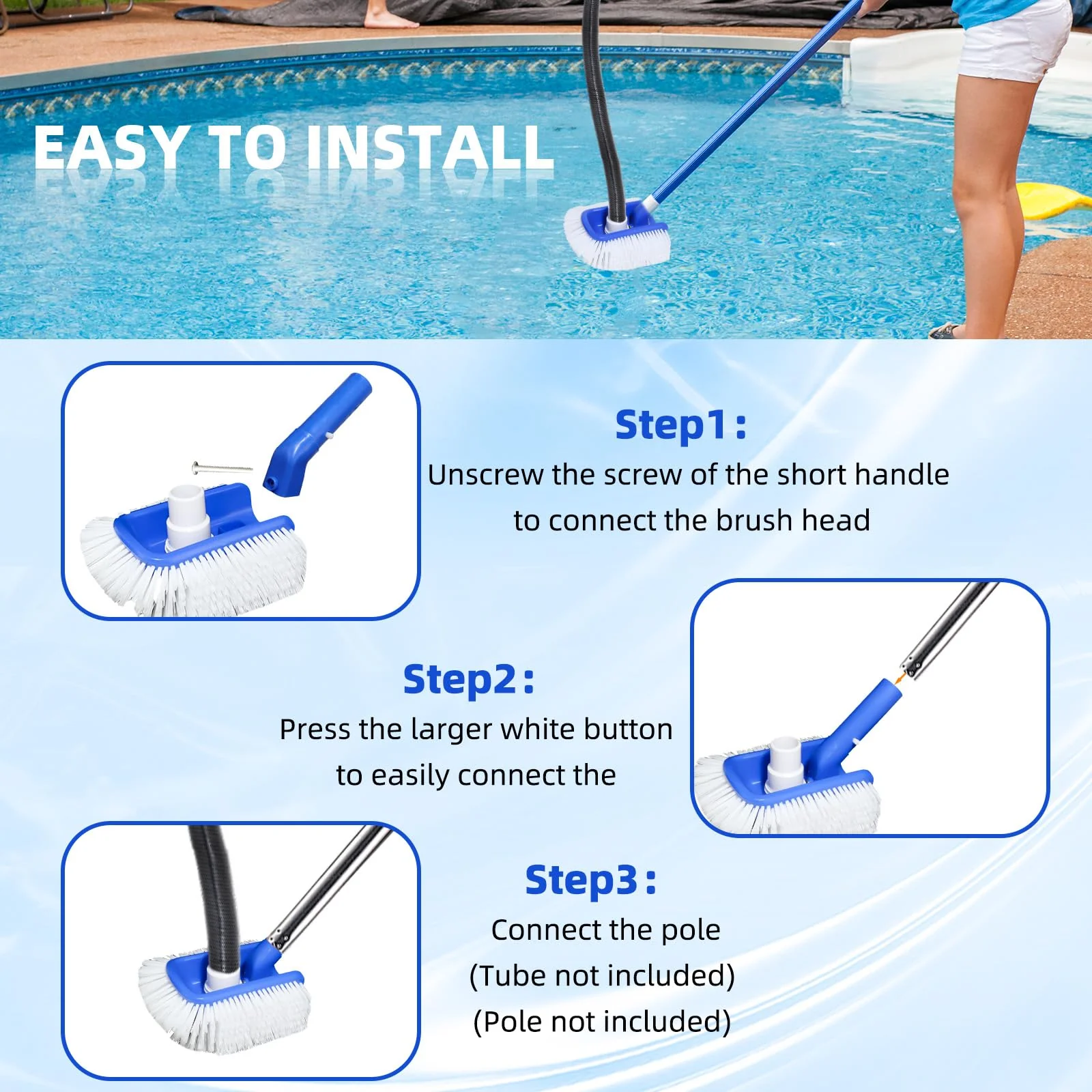 Pool Vacuum Head Brush for Inground & Above Ground Pools, Heavy Duty Round Scrubber Pool Brush with 1/4" or 1/2" Swivel Hose Connection, No Pole - Image 5