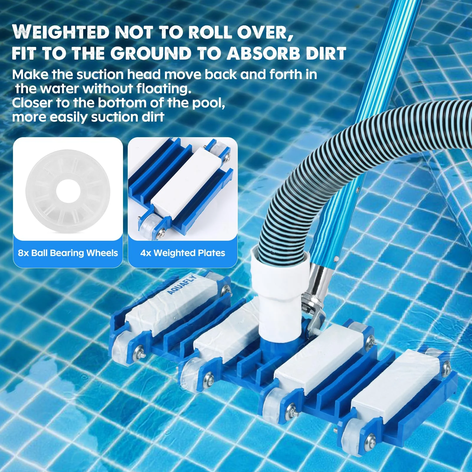 Pool Vacuum Head, Manual Cleaning Vacuum with Wheels 14'' Heavy Duty Handle Pool Vacuum Heads for Inground & Above Pools with Flexible Swivel, Swimming Pool Head for Absorb - Image 3