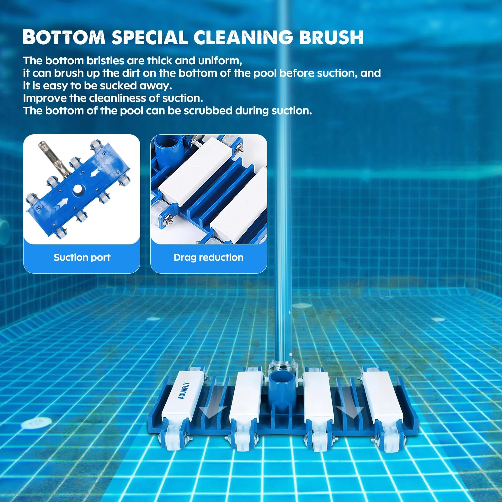 Pool Vacuum Head, Manual Cleaning Vacuum with Wheels 14'' Heavy Duty Handle Pool Vacuum Heads for Inground & Above Pools with Flexible Swivel, Swimming Pool Head for Absorb - Image 4