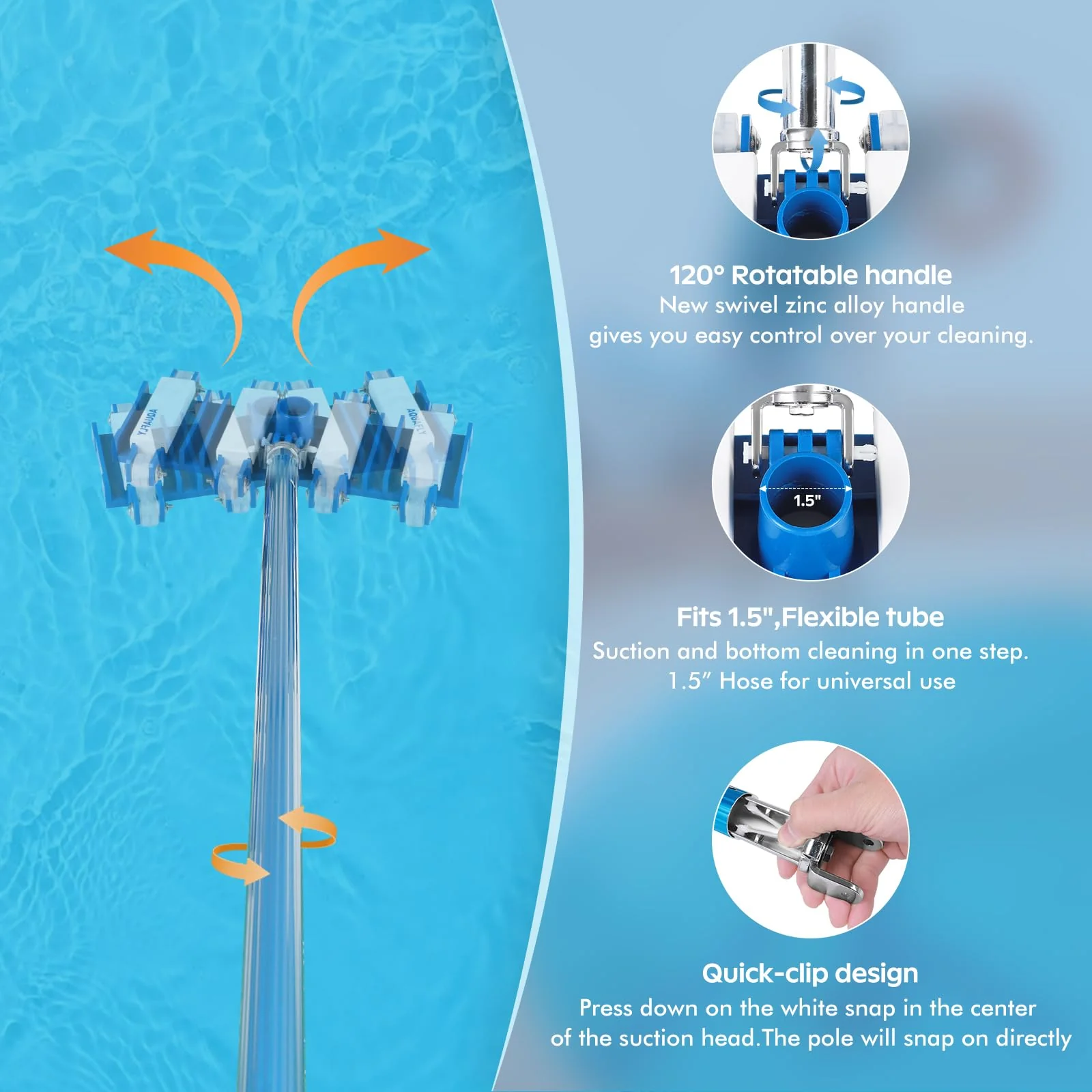 Pool Vacuum Head, Manual Cleaning Vacuum with Wheels 14'' Heavy Duty Handle Pool Vacuum Heads for Inground & Above Pools with Flexible Swivel, Swimming Pool Head for Absorb - Image 5