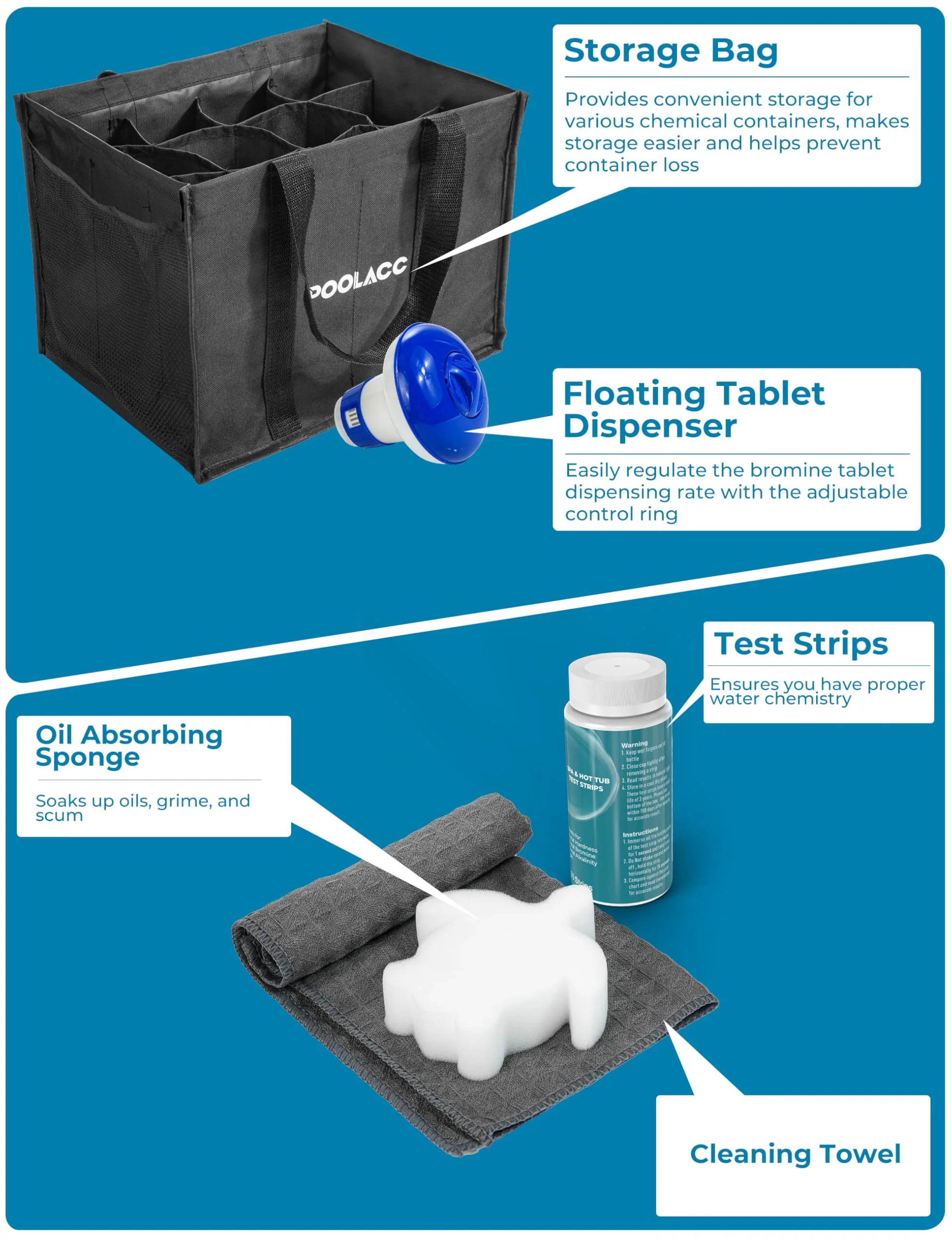Poolacc Bromine Hot Tub Starter Kit: Includes Extra-Capacity Chemicals, 50 Test Strips, Dispenser & Accessories | All-in-One Spa Maintenance Set - Image 3