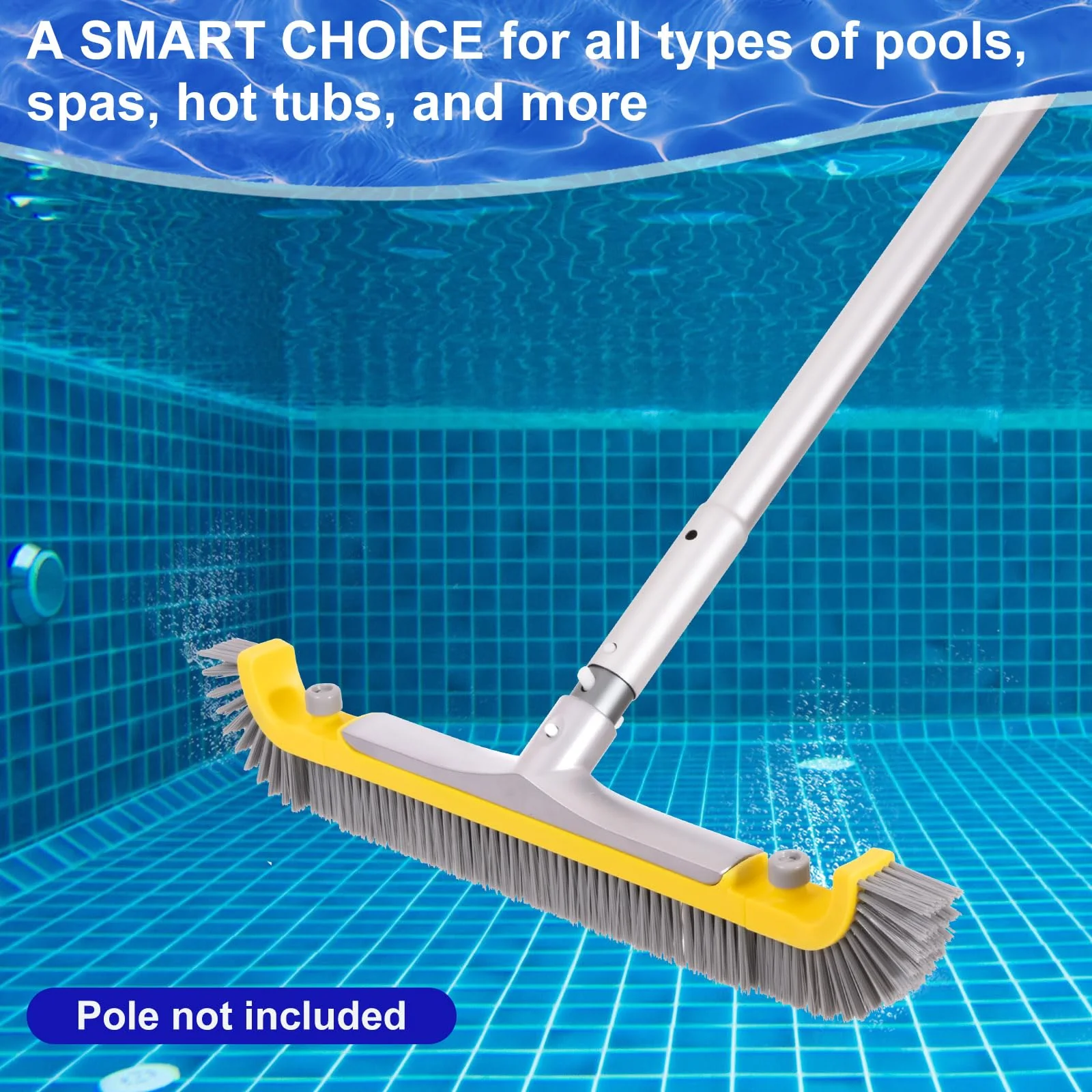 POOLAZA 20'' Pool Brush, Heavy Duty Pool Brushes for Cleaning Pool Walls & Floors, Premium Pool Brush Head for Inground Pools with BPT Bristles & EZ Clip, Curved Ends High-Efficiency Pool Scrub Brush - Image 2