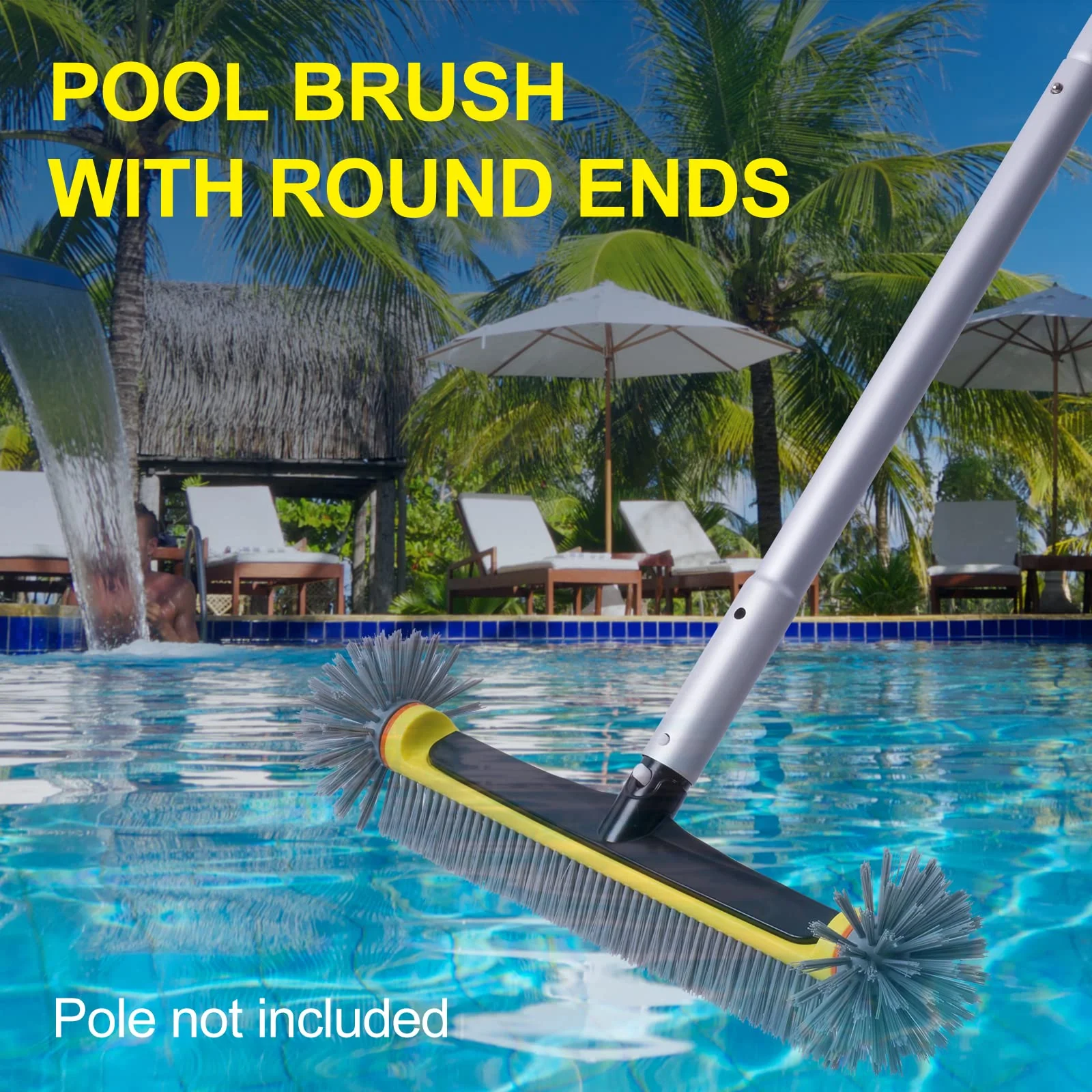 POOLAZA Pool Brush Head with Round Ends, Heavy Duty Pool Brushes for Cleaning Pool Walls, Floors Steps & Corners, 17.5" Pool Brush with Sturdy Aluminum Handle & Durable Nylon Bristles (Yellow) - Image 2
