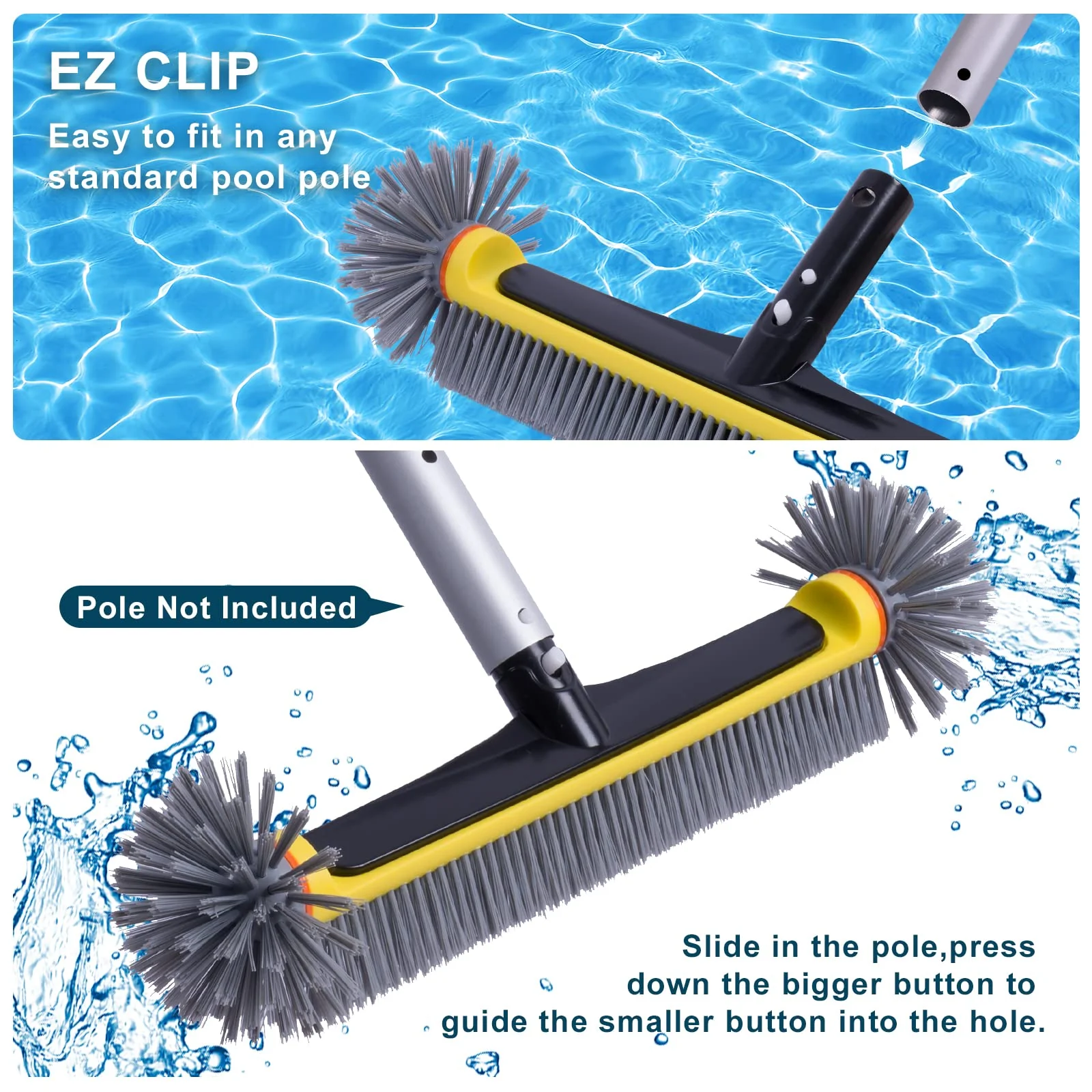 POOLAZA Pool Brush Head with Round Ends, Heavy Duty Pool Brushes for Cleaning Pool Walls, Floors Steps & Corners, 17.5" Pool Brush with Sturdy Aluminum Handle & Durable Nylon Bristles (Yellow) - Image 3