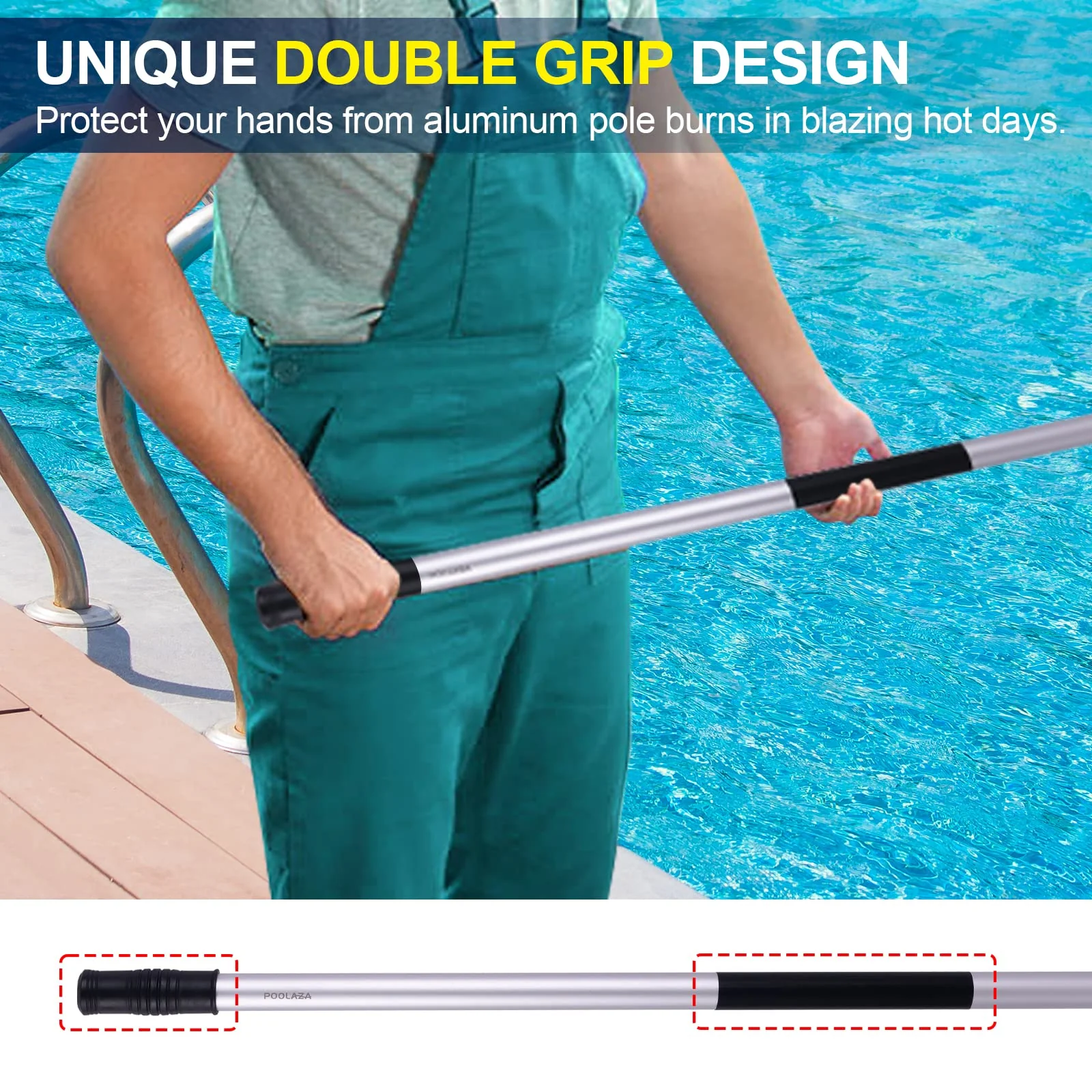 POOLAZA Pool Pole 16ft Heavy Duty, Detachable Swimming Pool Pole with User-Friendly Double Grip, Anodized Aluminum Pool Cleaning Pole, 4 Sections Super Sturdy Pool Poles for Cleaning - Image 3
